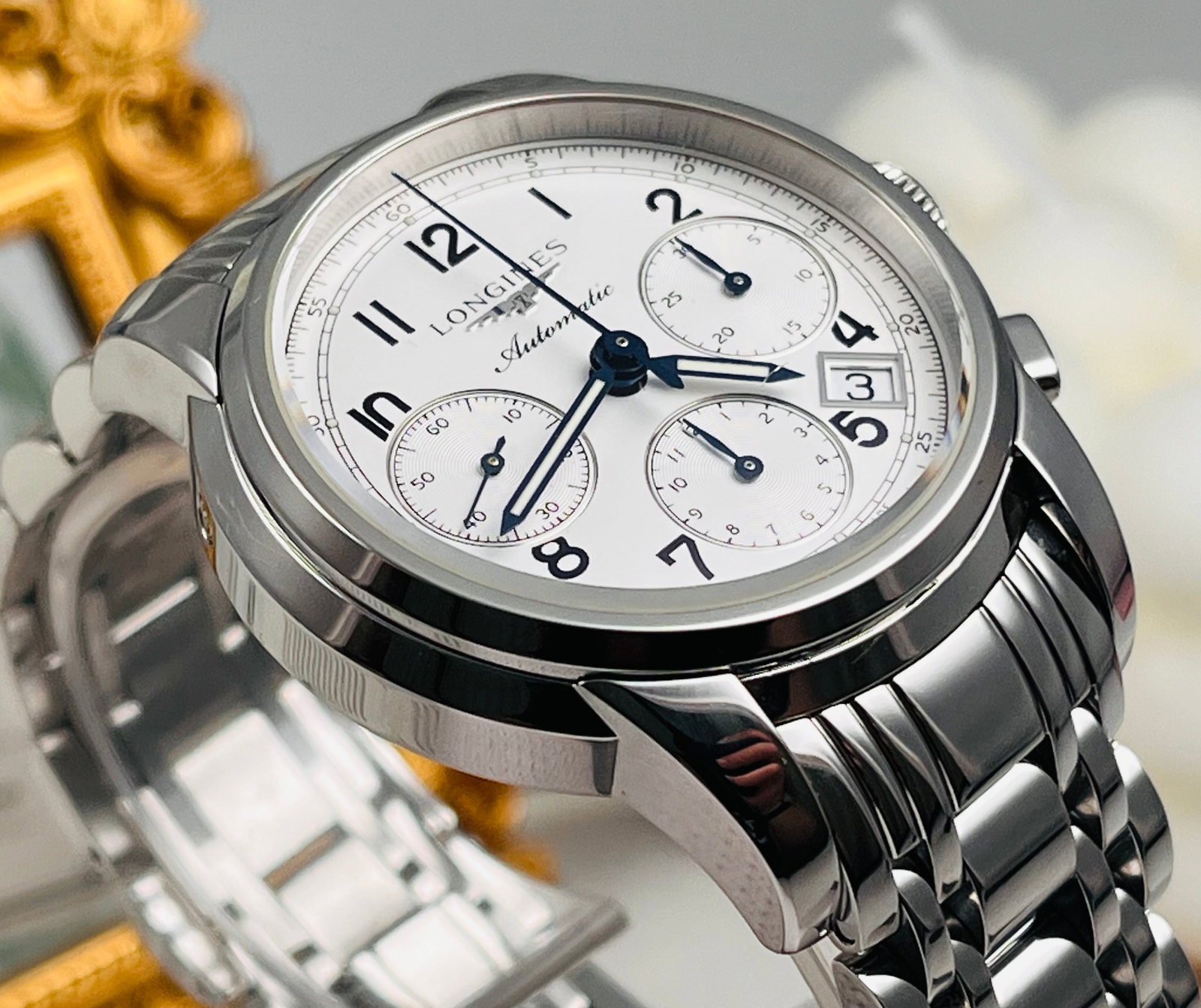 LONGINES CHRONOGRAPH FOR MEN: Longines L2.753.4.73.6 Men's Chronograph Watch, 39mm Stainless Steel Case with Steel Bracelet, Silver Dial with Arabic Numerals, Automatic Chronograph Movement, 27 Jewels, 54-Hour Power Reserve