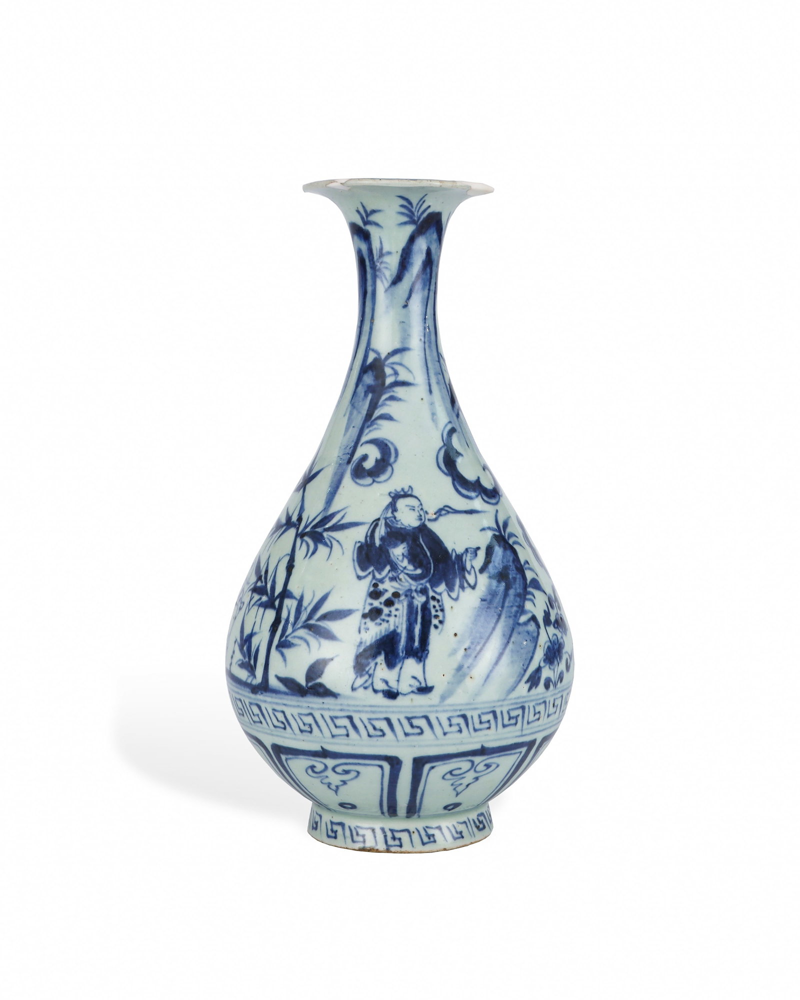 YUAN DYNASTY BLUE AND WHITE PORCELAIN FIGURE STORY JADE HUCHUN VASE: H:26.7cm W:14.3cm This is a folk kiln blue-and-white pear-shaped vase with flared mouth, slender neck and plump pear belly supported by ring foot. The glaze carries faint cyan tint, and the cobalt blu