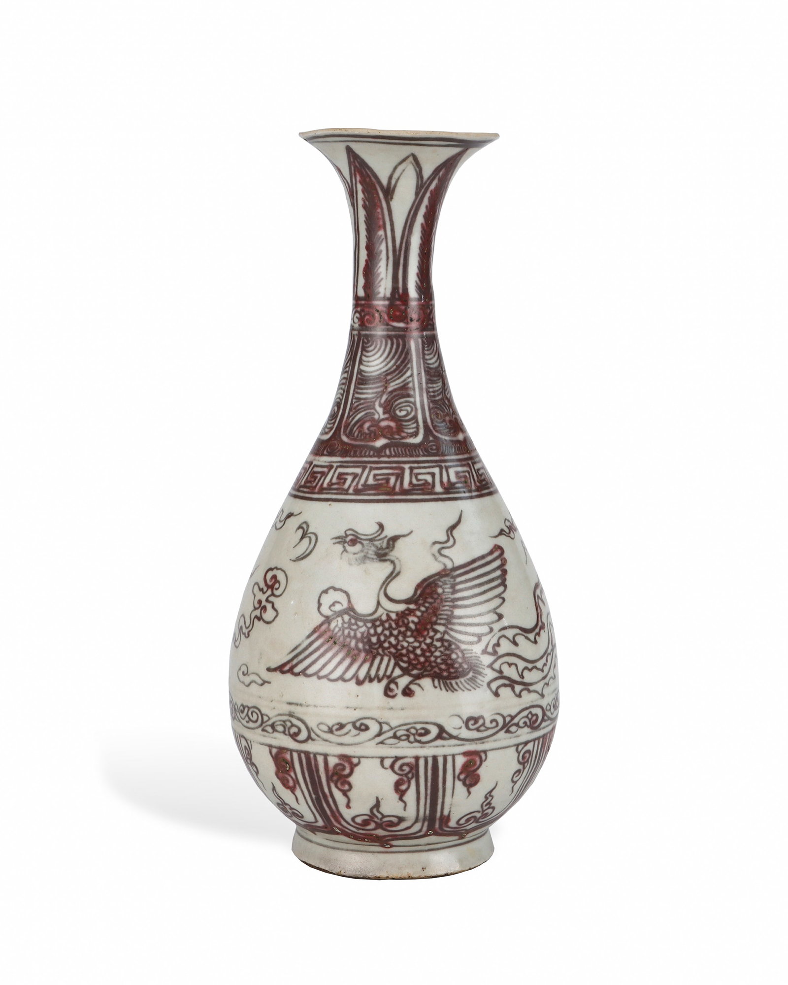 YUAN UNDERGLAZE RED PHOENIX-PATTERNED YUHUCHUN VASE: H:25cm W:11.7cm This is a Yuan-dynasty pear-shaped vase painted with copper red underglaze pigment, featuring flared flower rim, slender tapering neck and plump pear belly supported by short ring foot