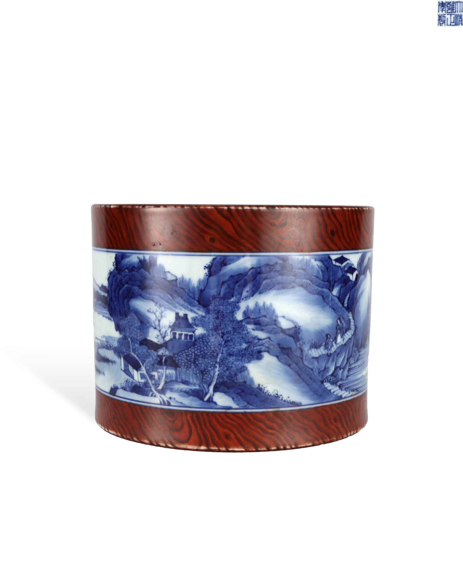 QING DYNASTY YONGZHENG WOOD GRAIN GLAZE BLUE AND WHITE LANDSCAPE FIGURE PEN HOLDER: H:14.3cm W:18.5cm This is an imperial scholar??s brush pot from the Yongzheng reign of Qing Dynasty, shaped as straight cylinder. The top and bottom sections are covered with realistic wood imitation 