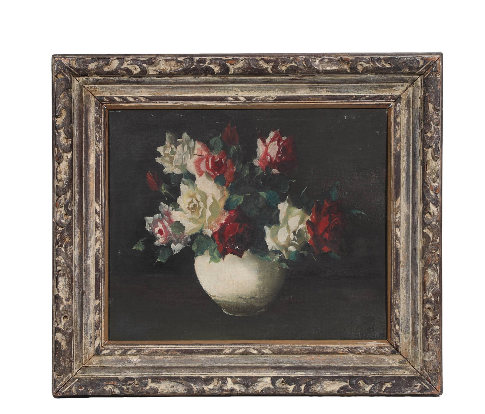 VASE OF ROSES, FERNAND TOUSSAINT (BELGIAN, 1873-1955), ATTRIBUTED TO,OIL ON CANVAS, ORIGINAL PERIOD: Delicate brushwork, soft color palettes, and timeless charm, all hallmarks of Fernand Toussaint, and all captured here in this piece very much in his style. Dimensions: Unframed 38cm x 44cm (14.96" x 