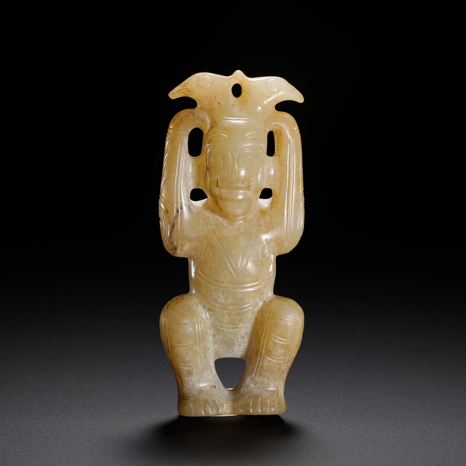 RED MOUNTAIN CULTURE JADE HEAD DOUBLE BIRD PENDANT: Height:8cm (3.15in) Width:3.5cm (1.38in) Weight:63g(0.14lb)Hongshan culture jade pendant carved with human figure and twin birds, hollowed out for cord threading. Natural pale yellow burial patina cov