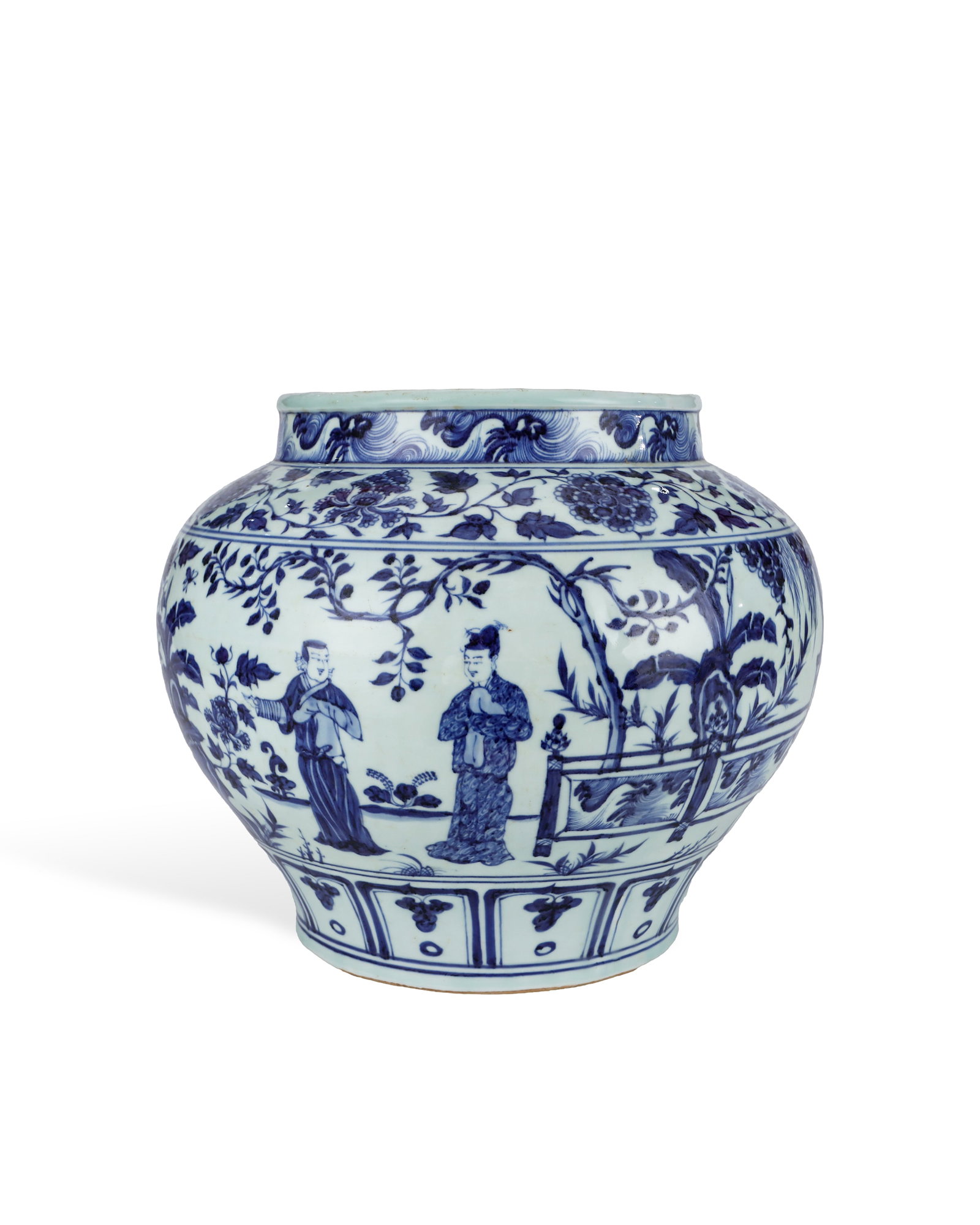 YUAN DYNASTY BLUE AND WHITE BROCADE INCENSE PAVILION PAINTING JAR: H:28.3cm W:34cm This is a large blue-and-white jar of Yuan Dynasty, with wide short straight mouth, broad plump shoulder, rounded belly and tapering lower body supported by shallow ring foot. The pale