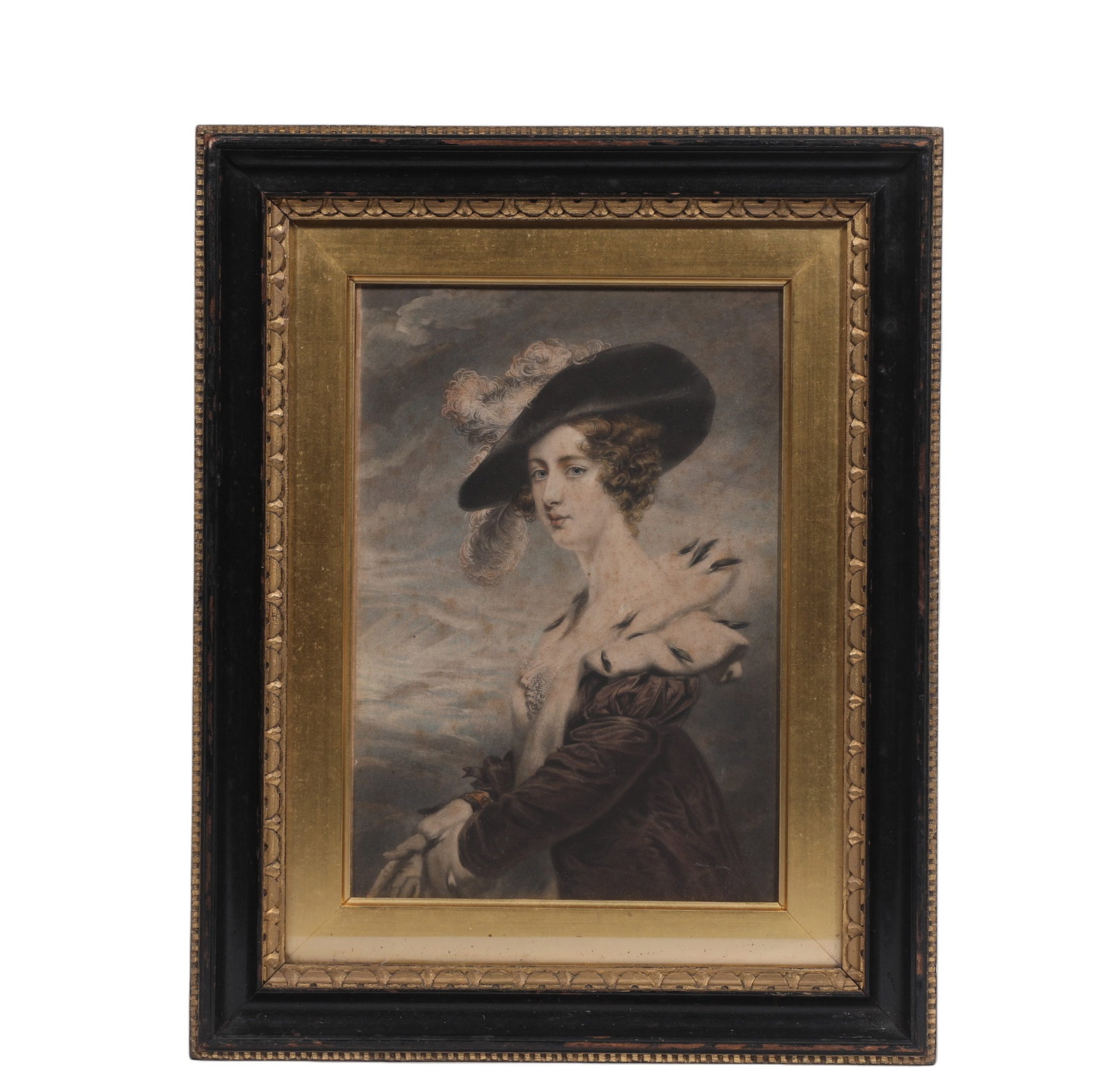 SIR JOSHUA REYNOLDS (ENGLAND, 1723-1792), COLOUR MEZZOTINT PRINT: Dimensions: Unframed 26cm x 17cm (10.24" x 6.69"), framed 38cm x 30cm (14.96" x 11.81")The work retains original canvas and period frame with natural signs of age. The painting surface is clean and st