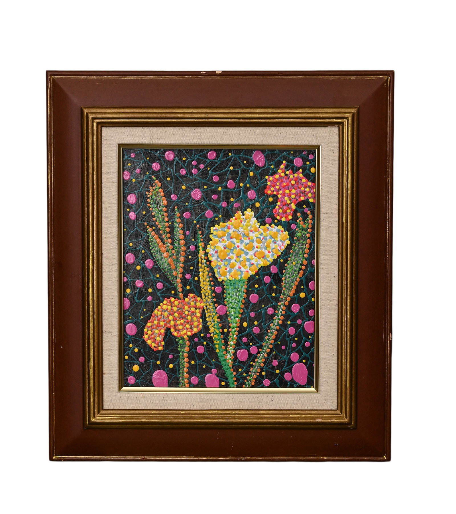 YAYOI KUSAMA (JAPAN, B. 1929),ATTRIBUTE TO,ACRYLIC ON CANVAS ORIGINAL PERIOD FRAME: Height:26cm (10.24in) Width:21cm (8.27in);Height:43cm (16.93in) Width:38cm (14.96in)The work retains original canvas and period frame with natural signs of age. The painting surface is clean and stabl