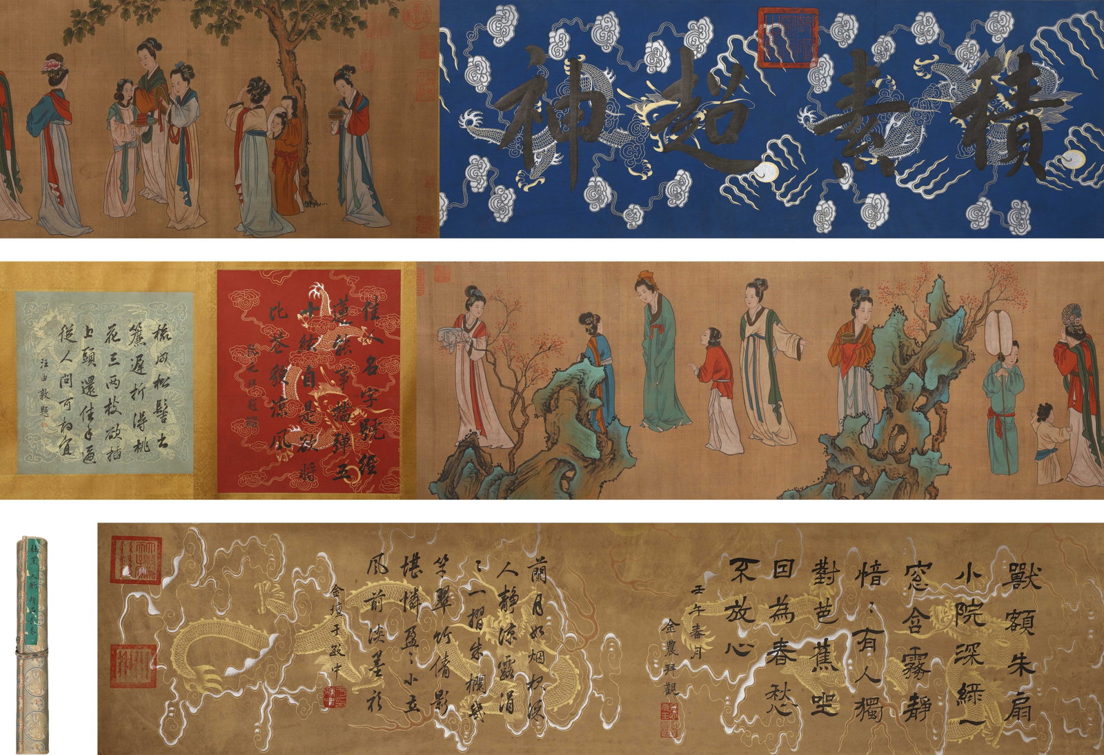DU JIN OF THE MING DYNASTY, "COURTYARD LADIES", A LONG SCROLL OF HEAVY COLOR FIGURES ON SILK: L:700cm (275.59in) W:45cm (17.72in)This fine-line heavy-color figure long scroll on ancient silk has original dragon-pattern silk brocade mounting and woven ribbon tie. The frontispiece is decorated w