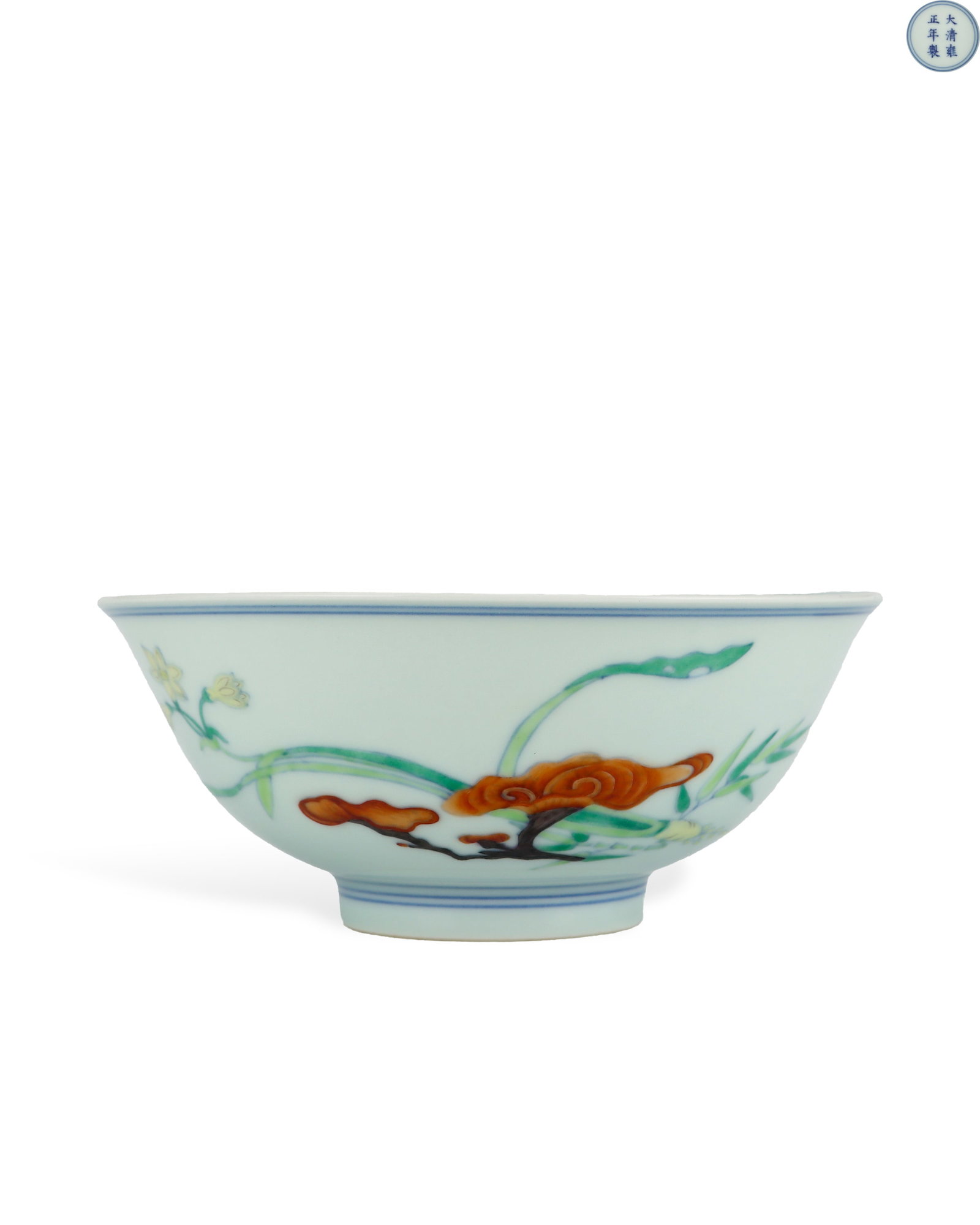 YONGZHENG PORCELAIN BOWL OF THE QING DYNASTY: H:6.2cm W:14.7cm Ganoderma stands for longevity and health; orchid & bamboo symbolize elegant purity; chrysanthemum and grain signify abundant harvest, forming a combined auspicious motif of fortune a