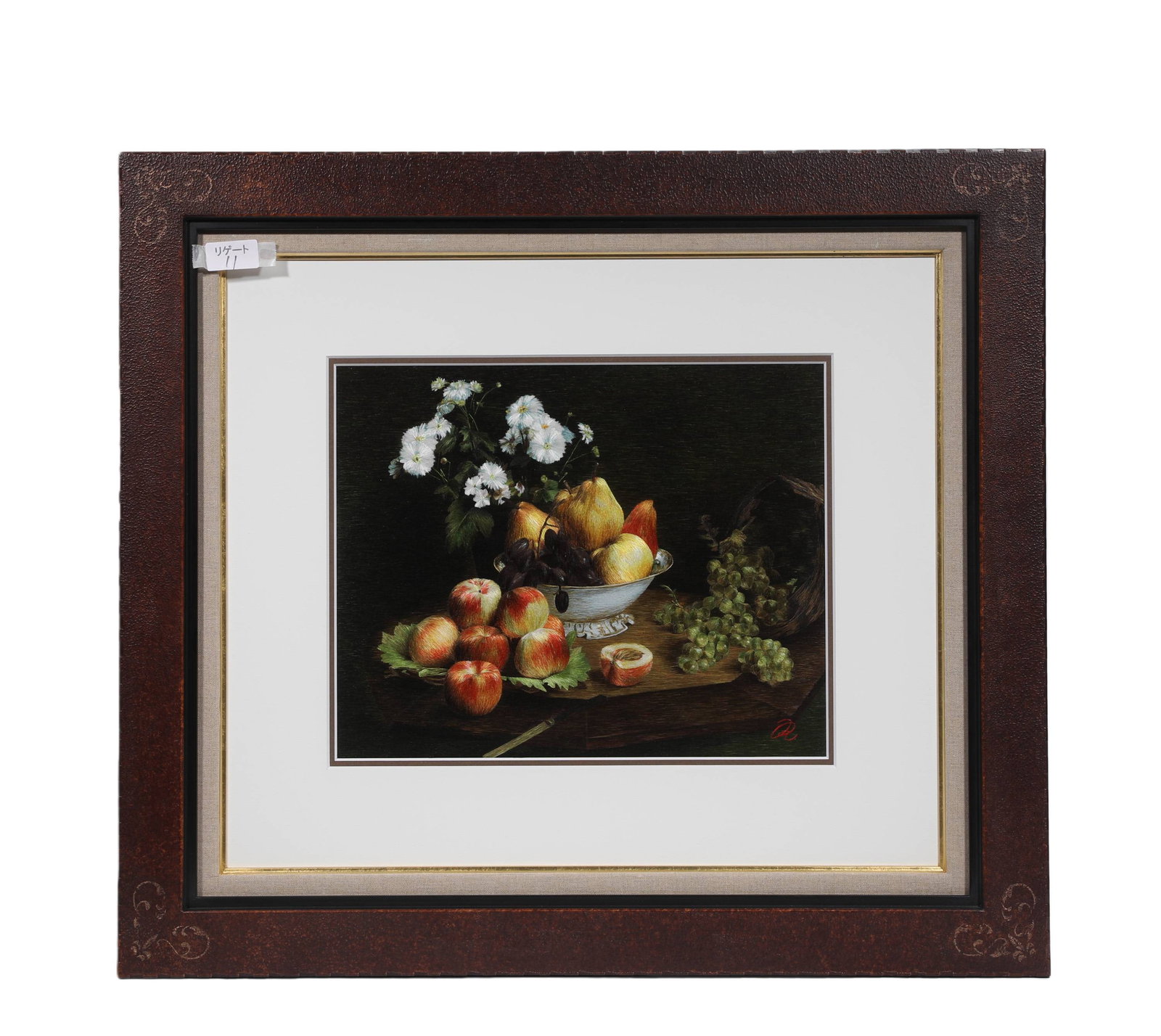 HENRI FANTIN-LATOUR (FRANCE, 1836-1904), ATTRIBUTED TO, OIL ON PANEL: Poignant still life of flowers and fruit bowl, very much ATTRIBUTED TO Henri Fantin-Latour, with the artist's characteristic style with a dark background. In excellent condition and housed in original