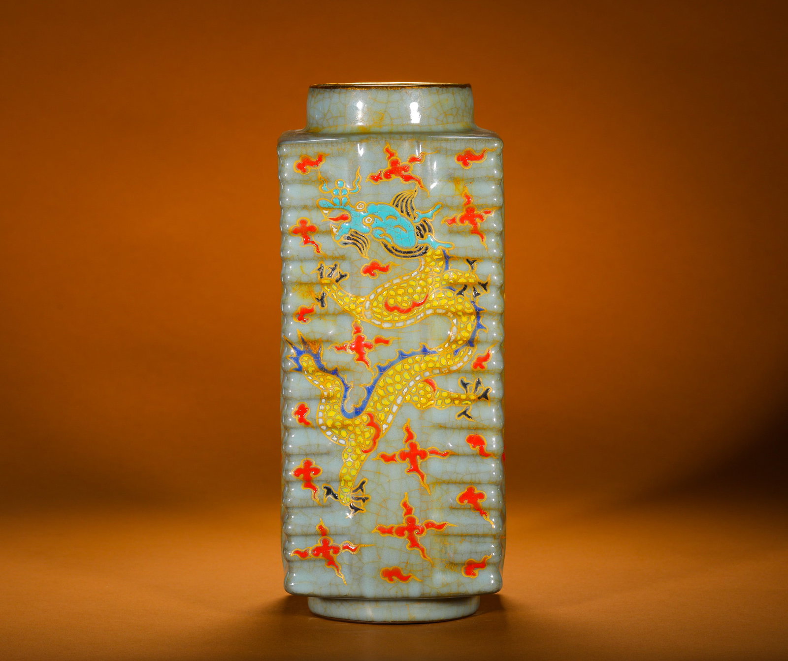 SONG DYNASTY OFFICIAL KILN GILDED FIVE-COLORED DRAGON-PATTERNED CONG VASE (1 of 7)