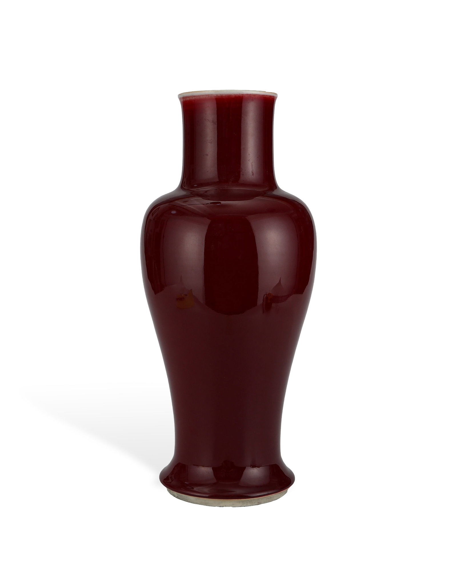 QING DYNASTY LANG KILN RED GLAZED GUANYIN VASE: H:40cm W:17.8cm Langyao red requires extremely strict control of kiln temperature and copper pigment ratio, a famous ancient saying goes "One will go bankrupt firing Lang red". Red stands for auspicio