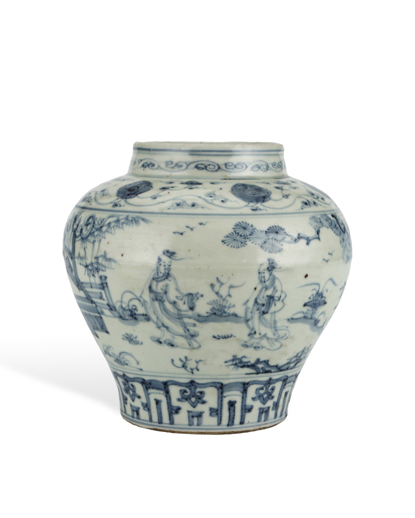 MING DYNASTY BLUE AND WHITE PINE AND BAMBOO COURTYARD HIGH SCHOLAR VASE: H:19.7cm W:20.8cm The cobalt blue pigment presents pale greyish tone with bold freehand strokes. The flat base is exposed coarse sandy clay, yellowed with natural aged wear. The scholar motif embodies