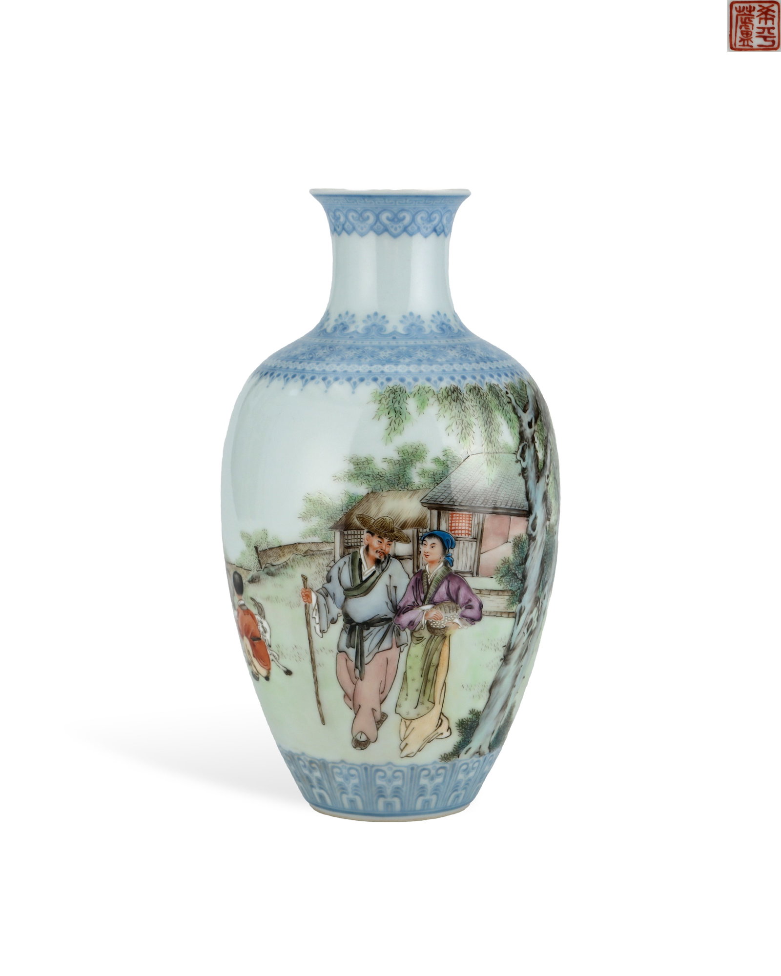 PASTEL PAINTING VASE (XIPING THATCHED COTTAGE): H:21.5cm W:11.8cm Republic of China famille rose decorative vase for literati display, with flared mouth, contracted neck, olive-shaped plump belly and neat ring foot, elegant soft outline. Blue ename