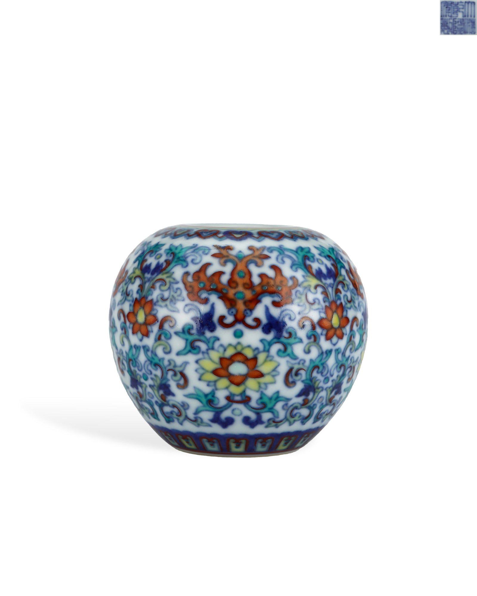 QING DYNASTY QIANLONG DOUCAI WATER BASIN: H:5.8cm W:6.8cm Official doucai studio water pot of Qianlong reign, Qing Dynasty, with contracted mouth, plump spherical belly and shallow ring foot, compact and rounded for holding water beside ink s