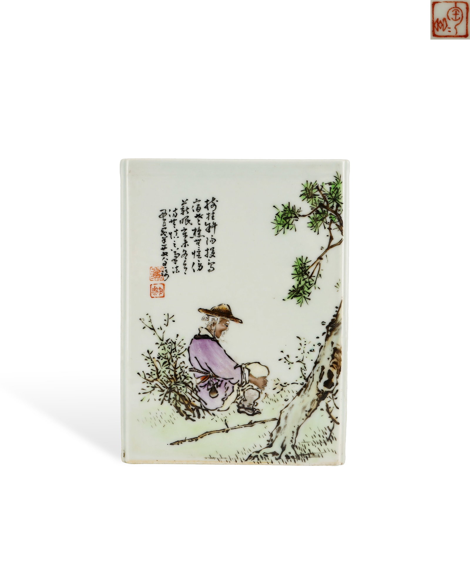 LIGHT CRIMSON COLOR PANASONIC FISHERMAN'S POEM AND PROSE SQUARE PORCELAIN PLATE: H:16.3cm W:12cm Square literati light crimson porcelain plaque of Republican period, crafted from fine pure white clay. The surface depicts a classic reclusion theme: a fisherman wearing straw hat and