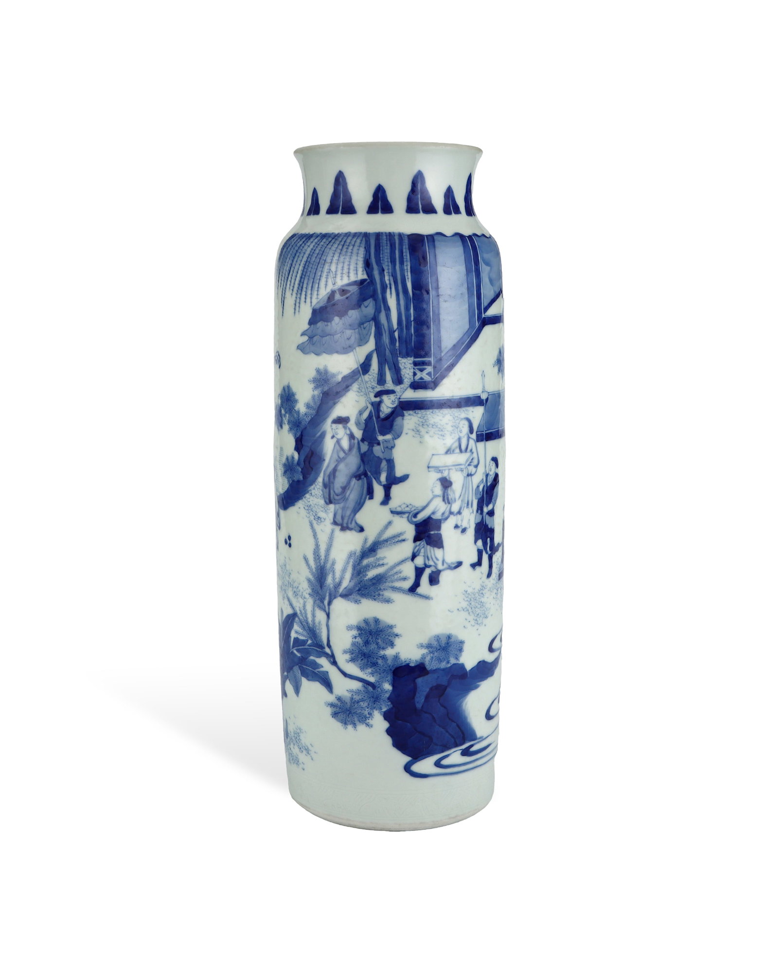 QING DYNASTY BLUE AND WHITE COURTYARD FIGURE STORY VASE: H:45.8cm W:16cm Pavilions, weeping willows, plantains and rockeries surround the figures. Several ancient characters perform different activities, some holding ceremonial canopies, others carrying scr