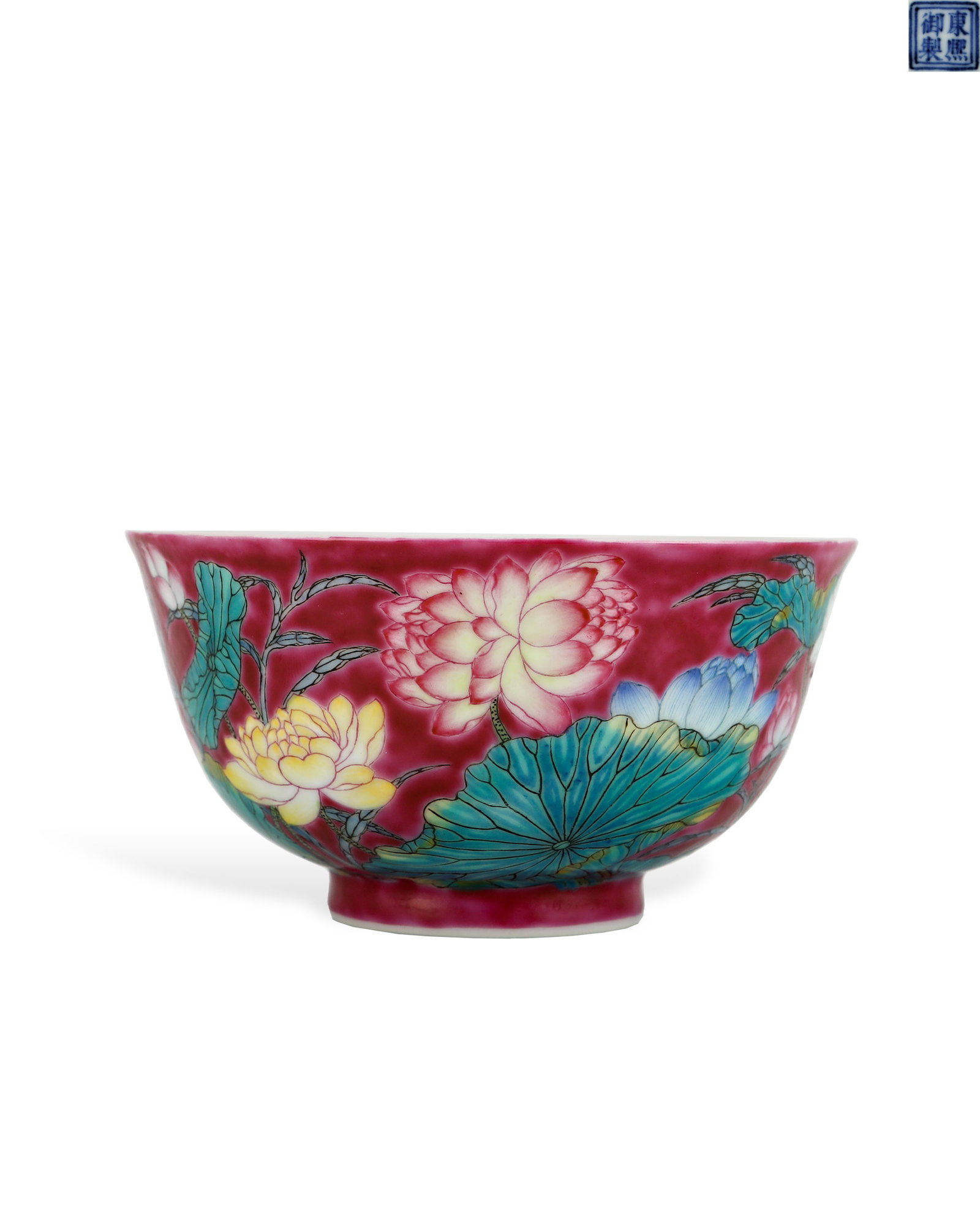 A BOWL MADE BY EMPEROR KANGXI WITH A CRIMSON GROUND: H:5.7cm W:10.7cm Imperial famille rose bowl of Kangxi reign, Qing Dynasty, flared mouth, curved belly and short ring foot, dignified soft shape. The whole exterior is covered with rich rouge red groun