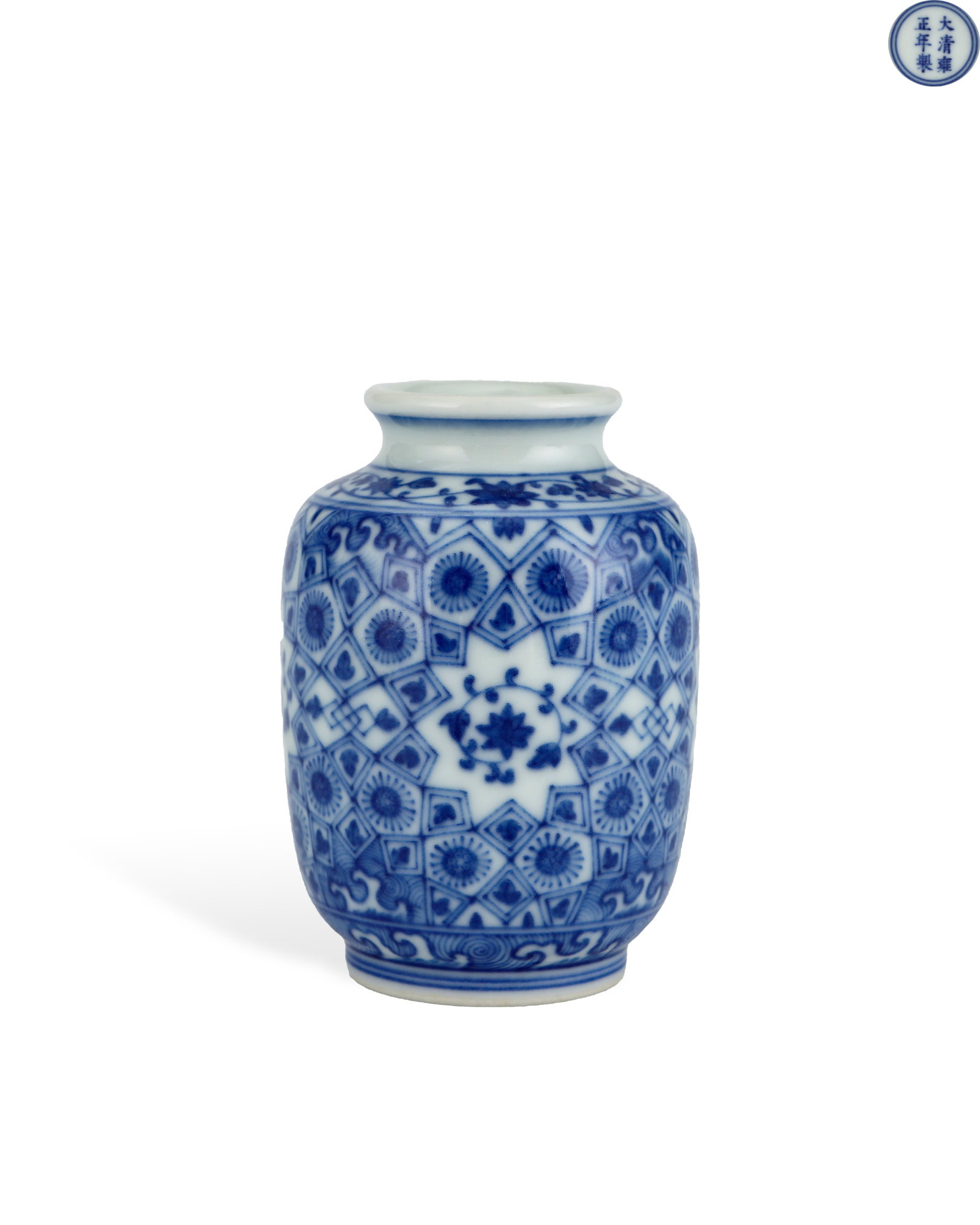 QING DYNASTY YONGZHENG BLUE AND WHITE LANTERN VASE: H:7.7cm W:5.3cm Small official blue-and-white lantern vase of Yongzheng reign, Qing Dynasty, flared short neck, rounded cylindrical belly and contracted ring foot, compact lantern-shaped decorative st