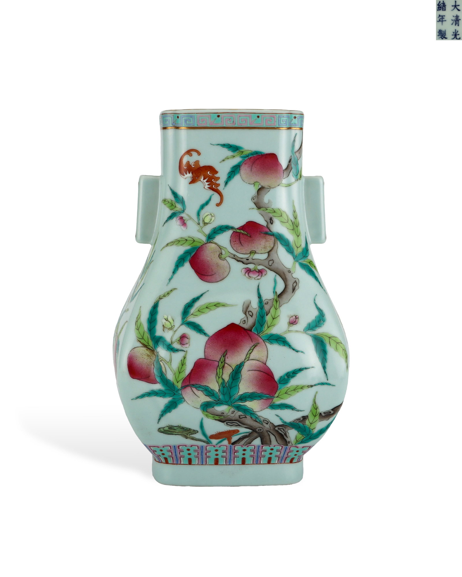 QING DYNASTY GUANGXU PINK-BLUE GROUND PINK-PAINTED NINE PEACH PATTERN SQUARE EAR-SHAPED VASE: H:30cm W:18.5cm Official famille rose square vase of Guangxu reign, Qing Dynasty, modelled after ancient bronze pot. Straight square mouth, tubular twin ears on both sides and square ring foot, fully 