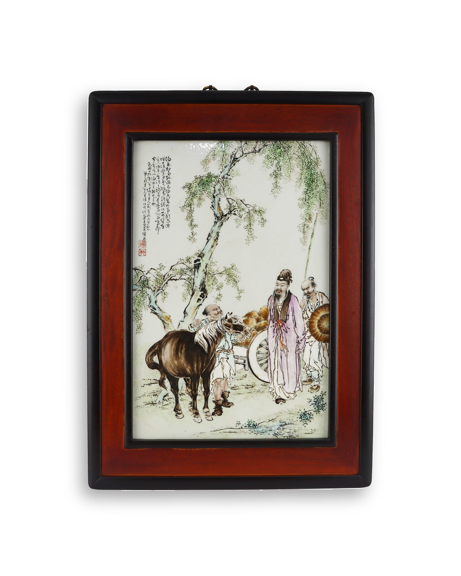 WANG DAFAN'S PORCELAIN PLATE PAINTING OF BO LE JUDGING A HORSE IN THE REPUBLIC OF CHINA ERA: H:43cm W:28.5cm This is a famille rose porcelain plaque created by Wang Dafan, a famous painter of the Republic of China, mounted in a mahogany frame. It depicts the classic story of Bo Le identifying