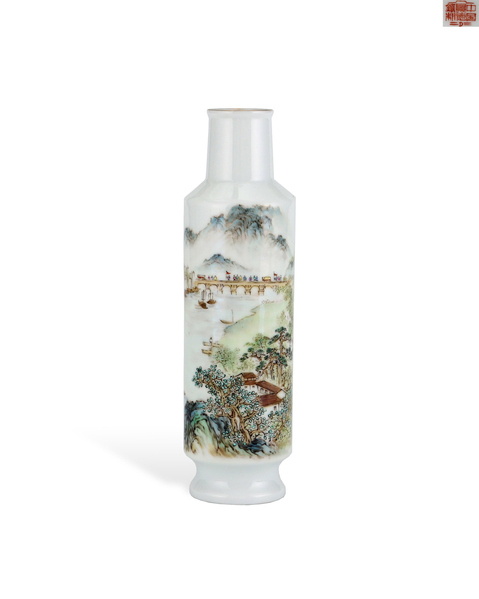 PASTEL JIANGNAN BRIDGE LANDSCAPE PATTERNED MALLET BOTTLE: H:17.8cm W:5cm A vermilion seal script mark "Made in Jingdezhen China" is stamped at the base, a standard factory mark of mid-to-late last century Jingdezhen wares. Integrating modern real scenery and