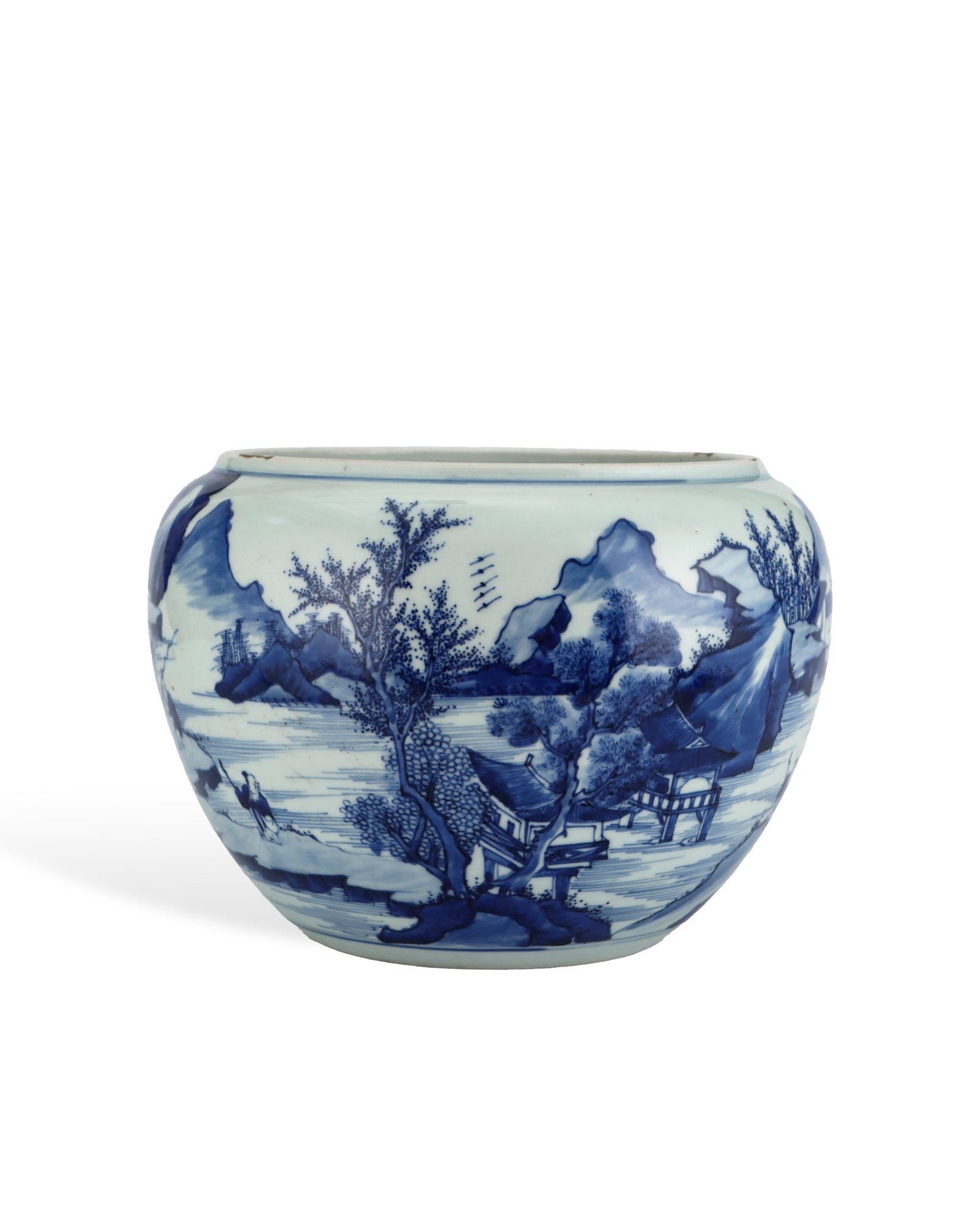 QING DYNASTY BLUE AND WHITE THROUGH-VIEW LANDSCAPE AND FIGURE SCROLL JAR: H:17cm W:24.3cm The cobalt pigment presents steady emerald tone with concise smooth outline brushwork, forming an unbroken scroll composition wrapping the vessel. The landscape-traveller motif symboli