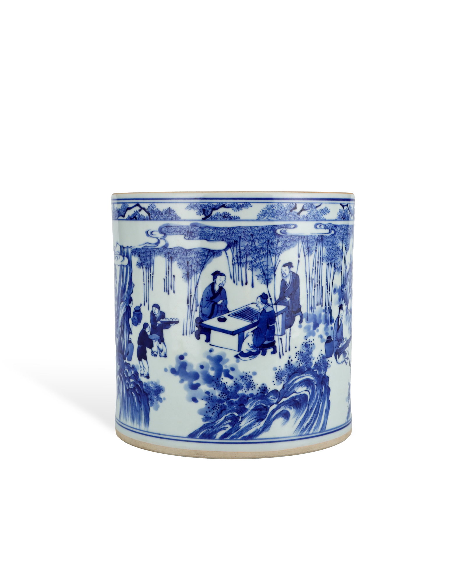 A LARGE PEN HOLDER OF THE SEVEN SAGES OF THE BAMBOO GROVE IN BLUE AND WHITE PORCELAIN FROM THE QING: H:19cm W:19cm A large straight cylindrical blue-and-white brush pot, heavy stationery ware. Its outer wall fully depicts the classic story of Seven Sages of the Bamboo Grove, surrounded by pines, dens