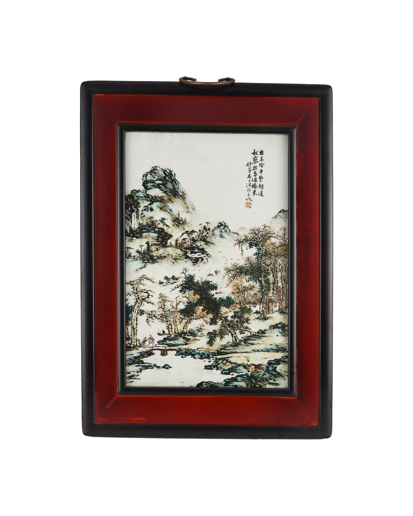 WANG YETING LIGHT CRIMSON LANDSCAPE PORCELAIN PLATE OF THE REPUBLIC OF CHINA ERA: H:38cm W:24.2cm This is a landscape porcelain plaque by Wang Yeting, a famous master of the Republic of China, mounted in its original mahogany frame. It depicts a southern Jiangnan landscape with lay