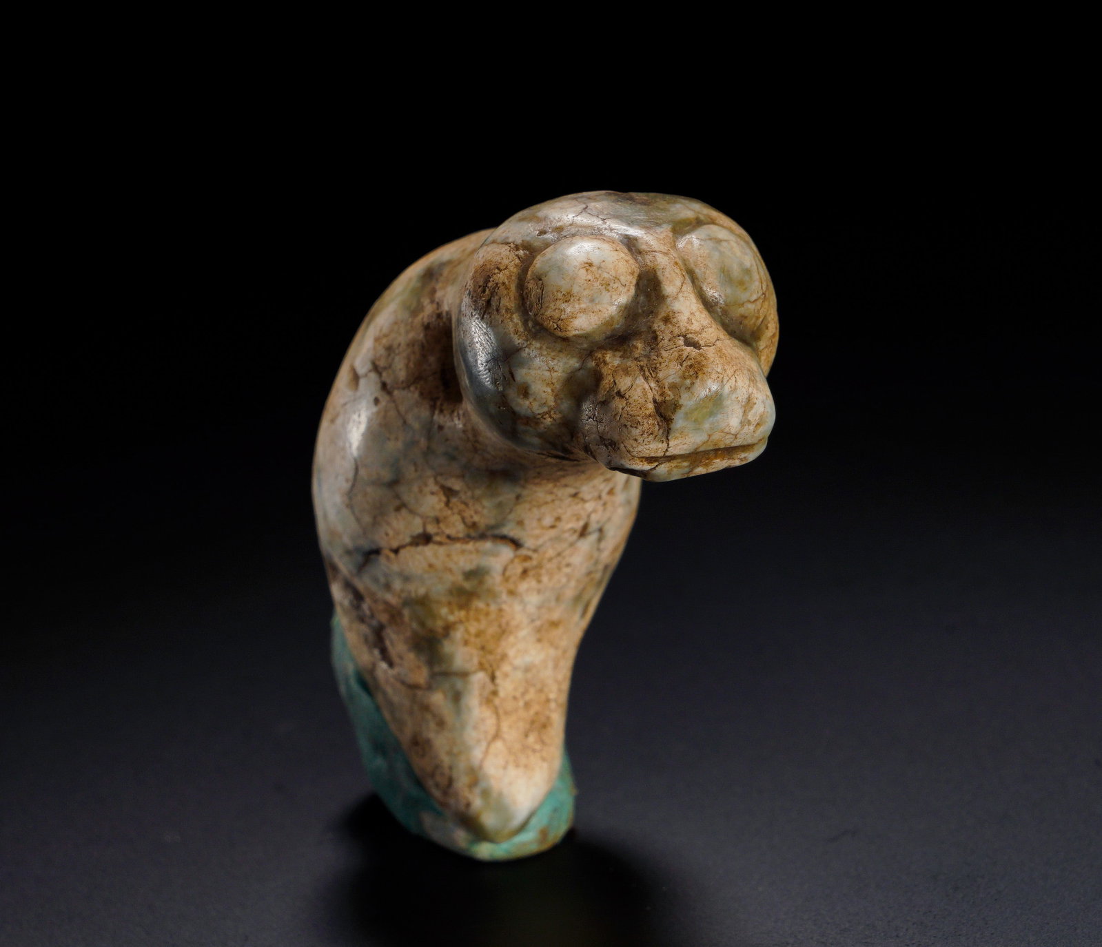 RED MOUNTAIN CULTURE JADE CICADA PUPA PENDANT: Height:4.5cm (1.77in) Width:7cm (2.76in) Weight:100g(0.22lb)Fully carved jade ornament shaped as curved cicada larva, eyes simply delineated. Heavy calcified patina and cracks spread over surface. Pre