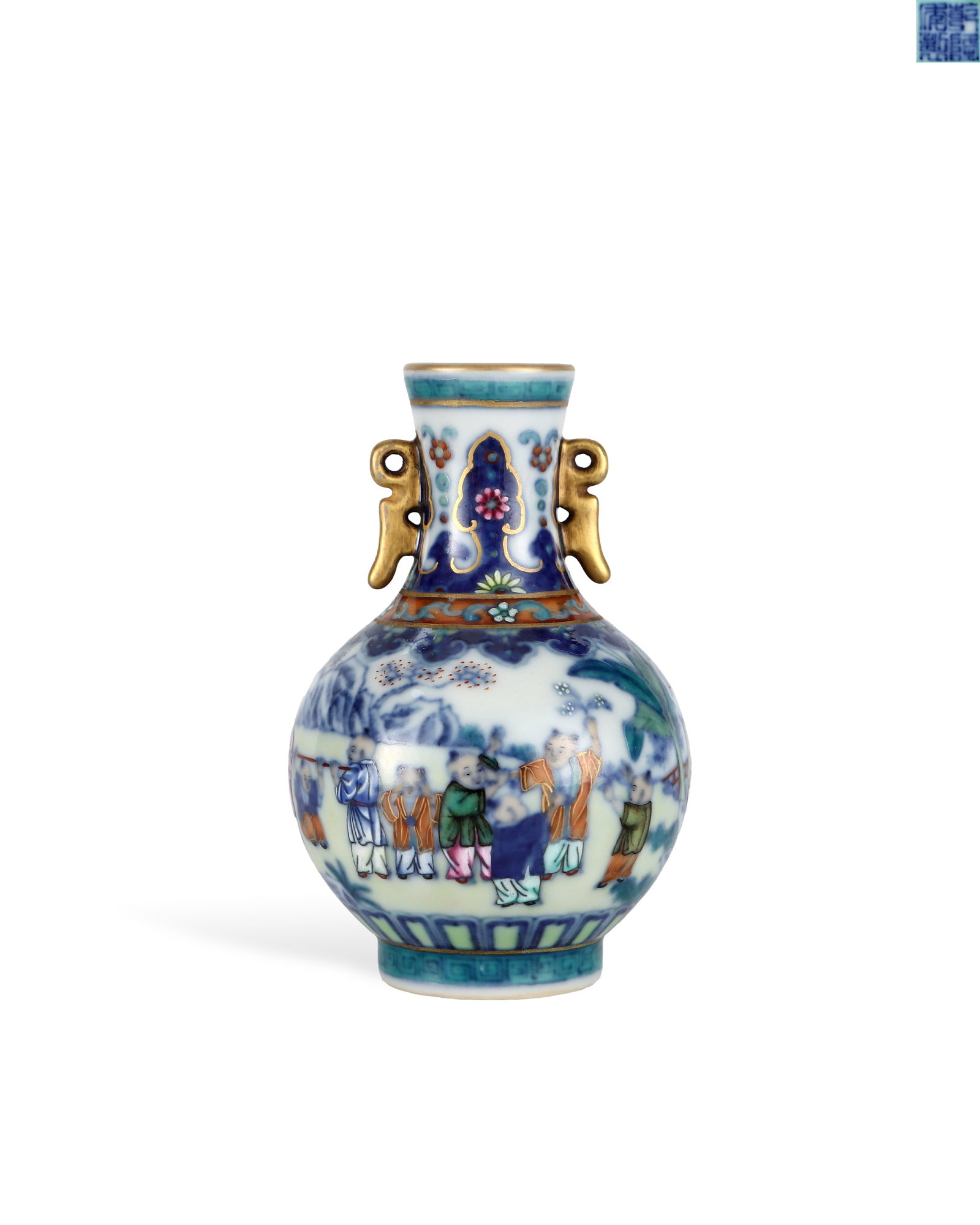 A SMALL DOUBLE-EARED ORNAMENTAL VASE OF THE QIANLONG PERIOD OF THE QING DYNASTY: H:8.3cm W:5.5cm Mini imperial doucai vase with gilded double ruyi ears for desk display, Qianlong reign of Qing. Flared mouth, long neck and spherical belly. The neck is decorated with blue-ground dou