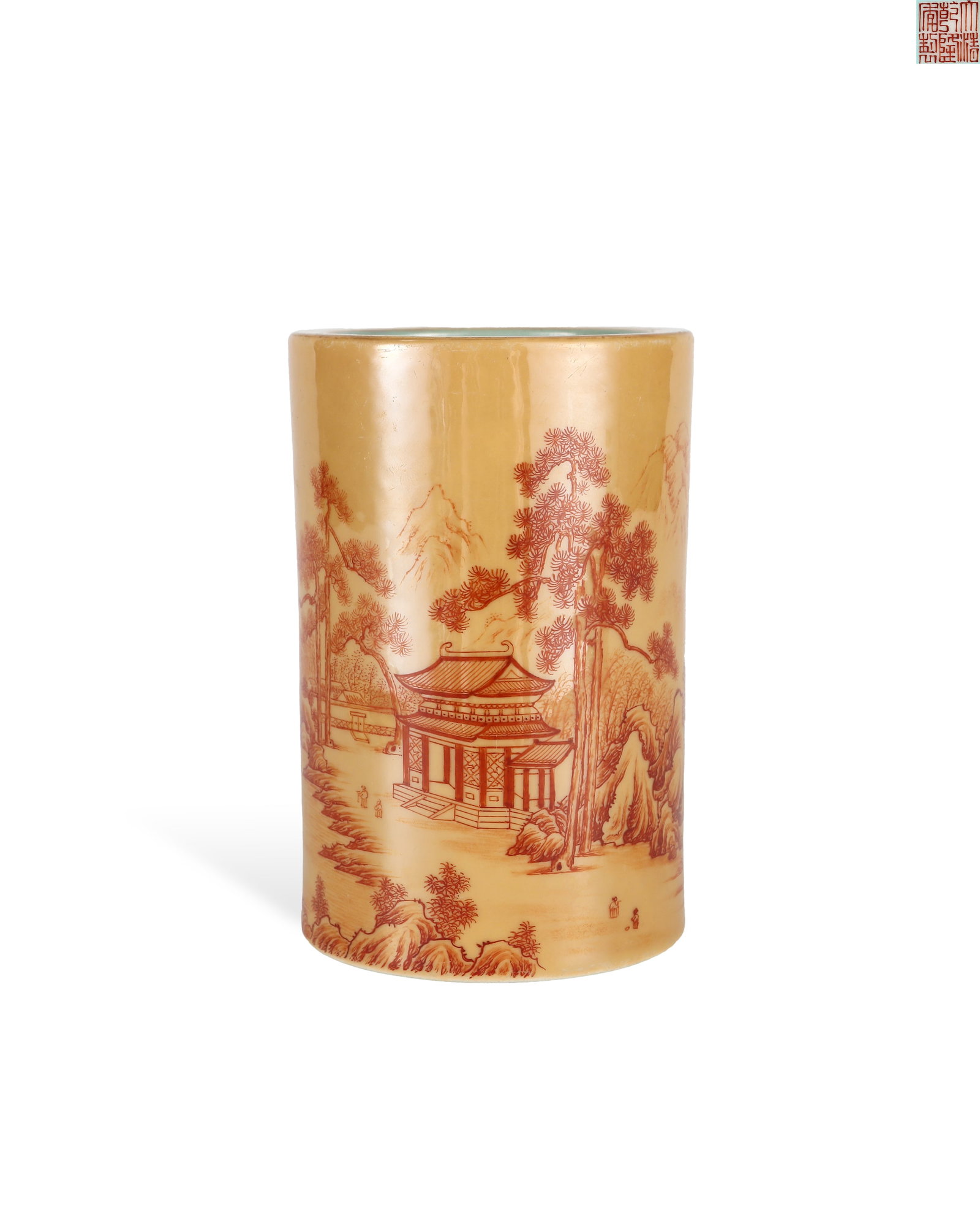 QING DYNASTY QIANLONG YELLOW GROUND ALUM RED LANDSCAPE FIGURE PEN HOLDER: H:13.5cm W:9cm Official Qing Qianlong straight cylindrical brush pot with yellow ground and iron-red landscape, classic stationery for writing. The whole body is covered with warm yellow glaze as back