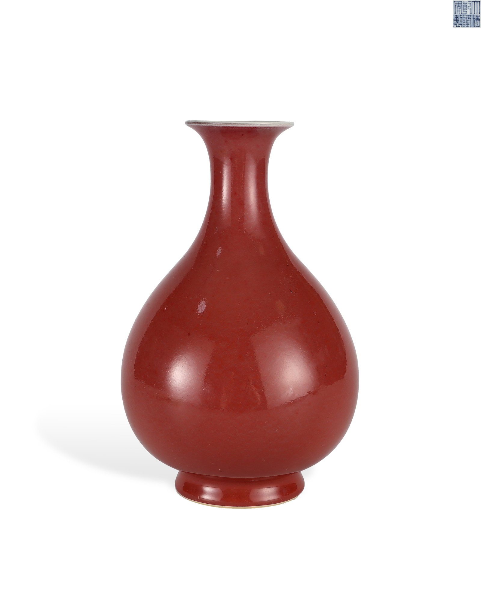 QING DYNASTY QIANLONG SACRIFICIAL RED GLAZED JADE HUCHUN VASE: H:19.7cm W:13cm Official Qing Qianlong sacrificial red glaze yuhuchun display vase, classic imperial decorative porcelain. It features flared mouth, slender long neck, pear-shaped belly and short ring