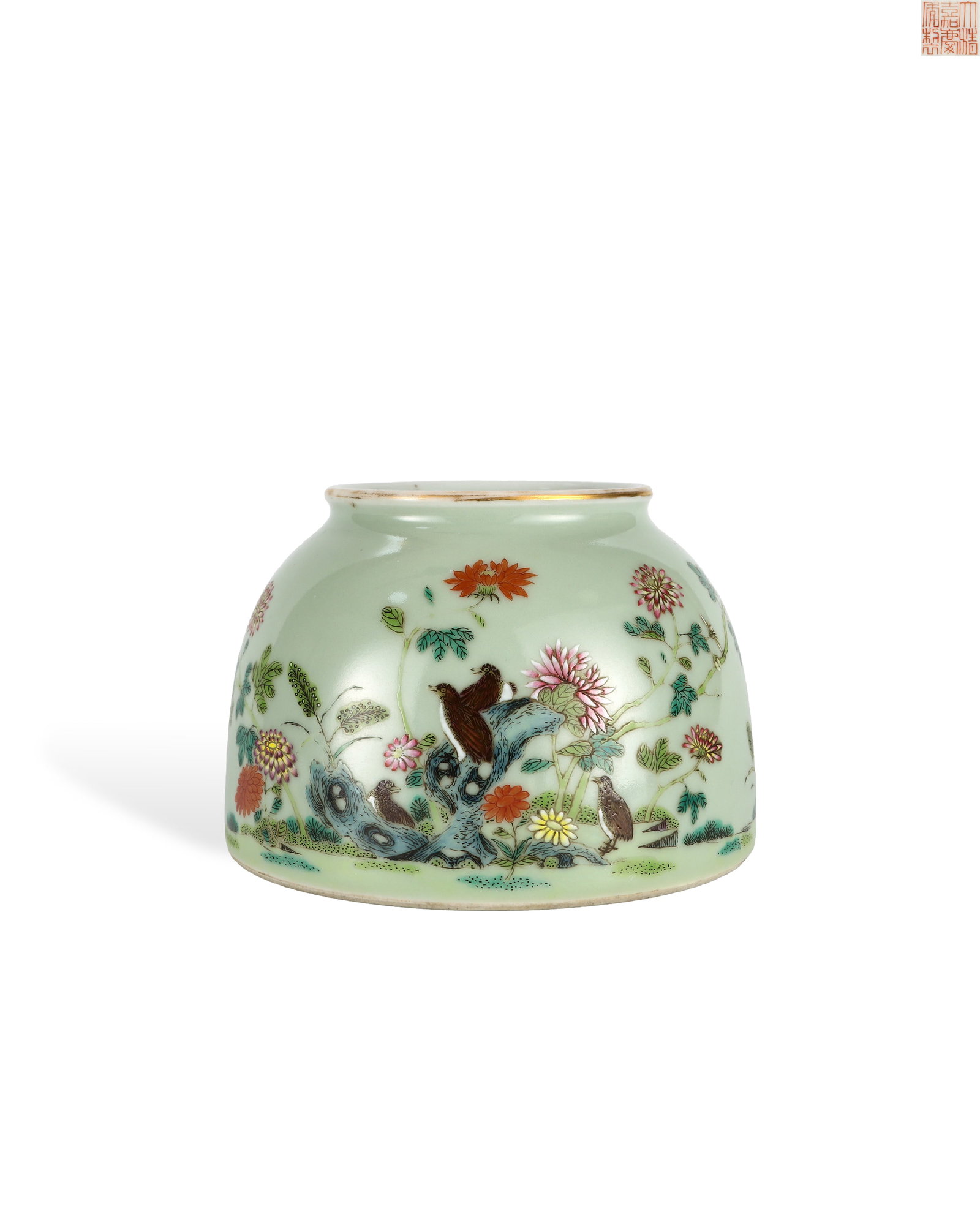 QING DYNASTY JIAQING BEAN GREEN GROUND POLYCHROME WATER BOWL: H:9cm W:13cm Official Qing Jiaqing celadon ground famille rose horse-hoof-shaped water jar for ink grinding. Narrow mouth, flat horse-hoof body fully covered in pale celadon glaze with gilded rim. The