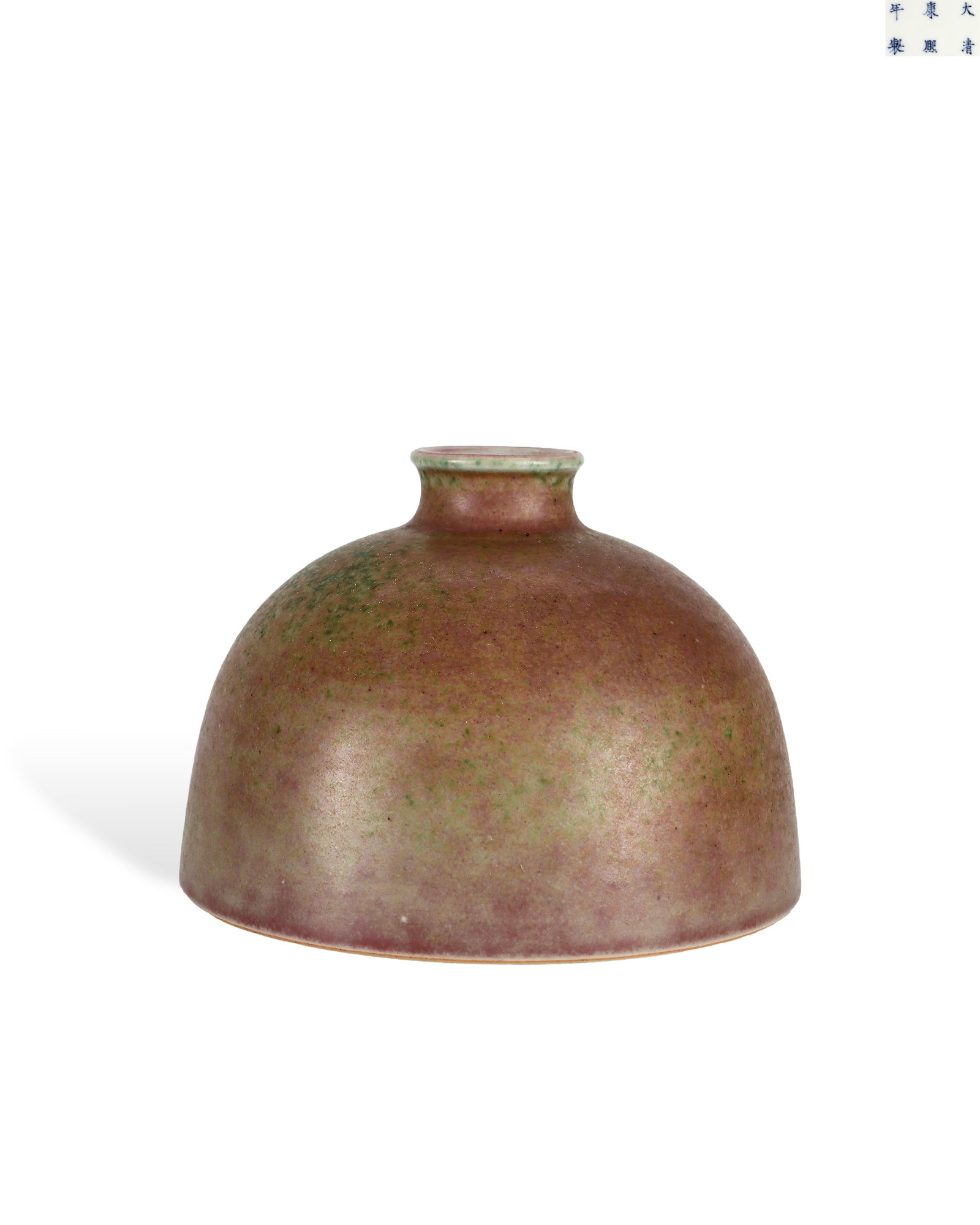 QING DYNASTY KANGXI COWPEA RED GLAZED TAIBAI VASE: H:9.2cm W:13cm Six-character regular script blue-and-white mark "Made in the Kangxi Reign of the Great Qing" arranged in three vertical lines on the white glazed base.Cowpea red glaze was extremely di