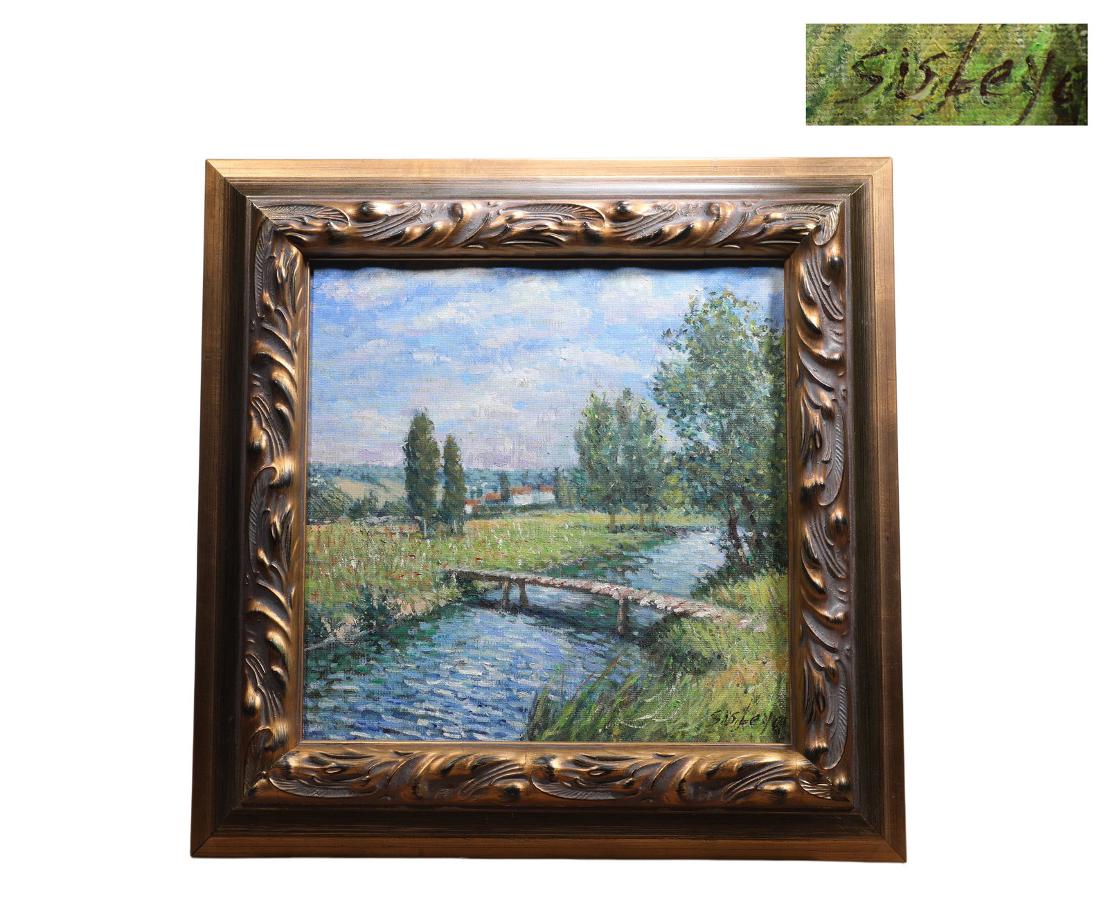 ALFRED SISLEY (BRITISH-FRANCE1839?C1899),ATTRIBUTED TO,OIL PAINTING, ORIGINAL PERIOD FRAME: H:30cm(11.81 in) W:30cm(11.81 in)H:44.5cm(17.52 in) W:44.5cm(17.52 in)Alfred Sisley (1839?C1899) was a British-French Impressionist landscape painter. He dedicated his career to capturing the effects 