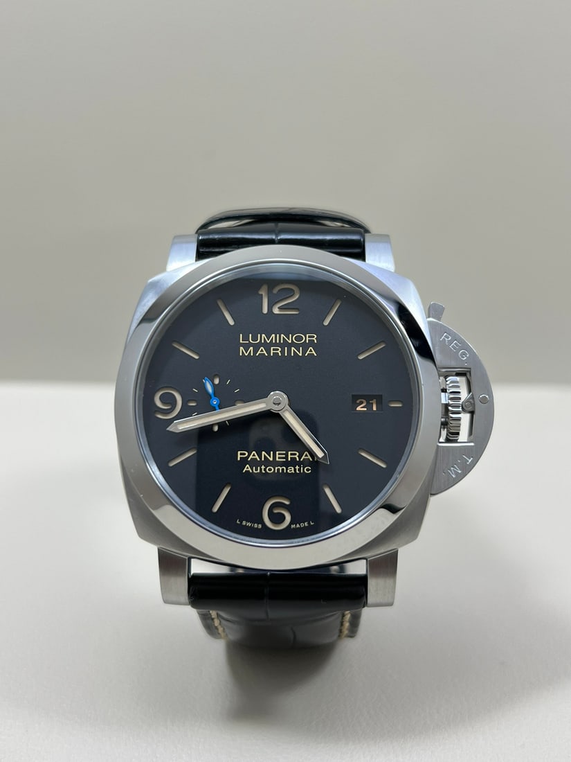 PANERAI MEN'S WATCH MADE OF BRUSHED STAINLESS STEEL: Panerai PAM01312 Automatic Mechanical Watch 44mm diameter 72 hours Power storage bar luminous time scale AISI 316L matte steel crocodile leather watch band