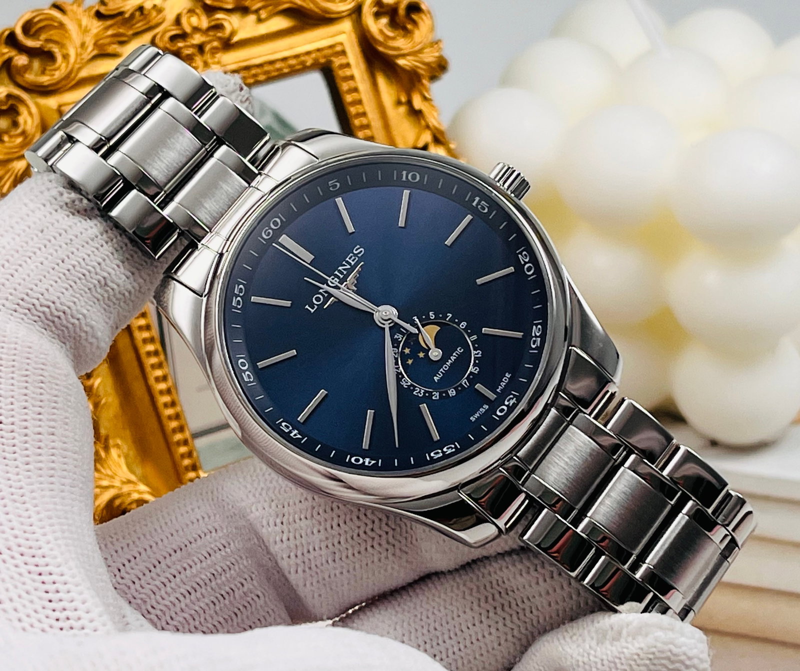 LONGINES MASTER COLLECTION WATCHES: Longines. Master series L2.919.4.92.6 men's moon phase watch 21 years full set of 42 mm steel case with the same material steel with dark blue sun ornament dial automatic movement