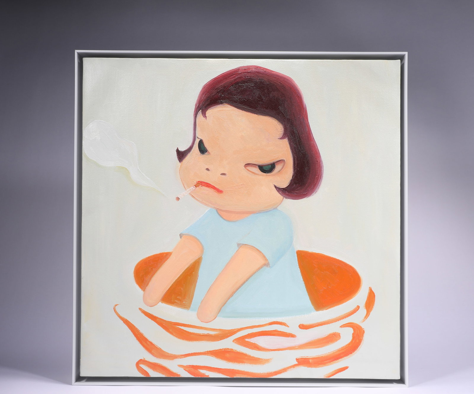 YOSHITOMO NARA (JAPAN, B. 1959), ATTRIBUTED TO,OIL ON CANVAS, ORIGINAL PERIOD FRAME: Yoshitomo Nara has attained cult status, with a devoted following. This powerful stark painting is very much in keeping in his style and follows many of his popular themes. Dimensions: Unframed