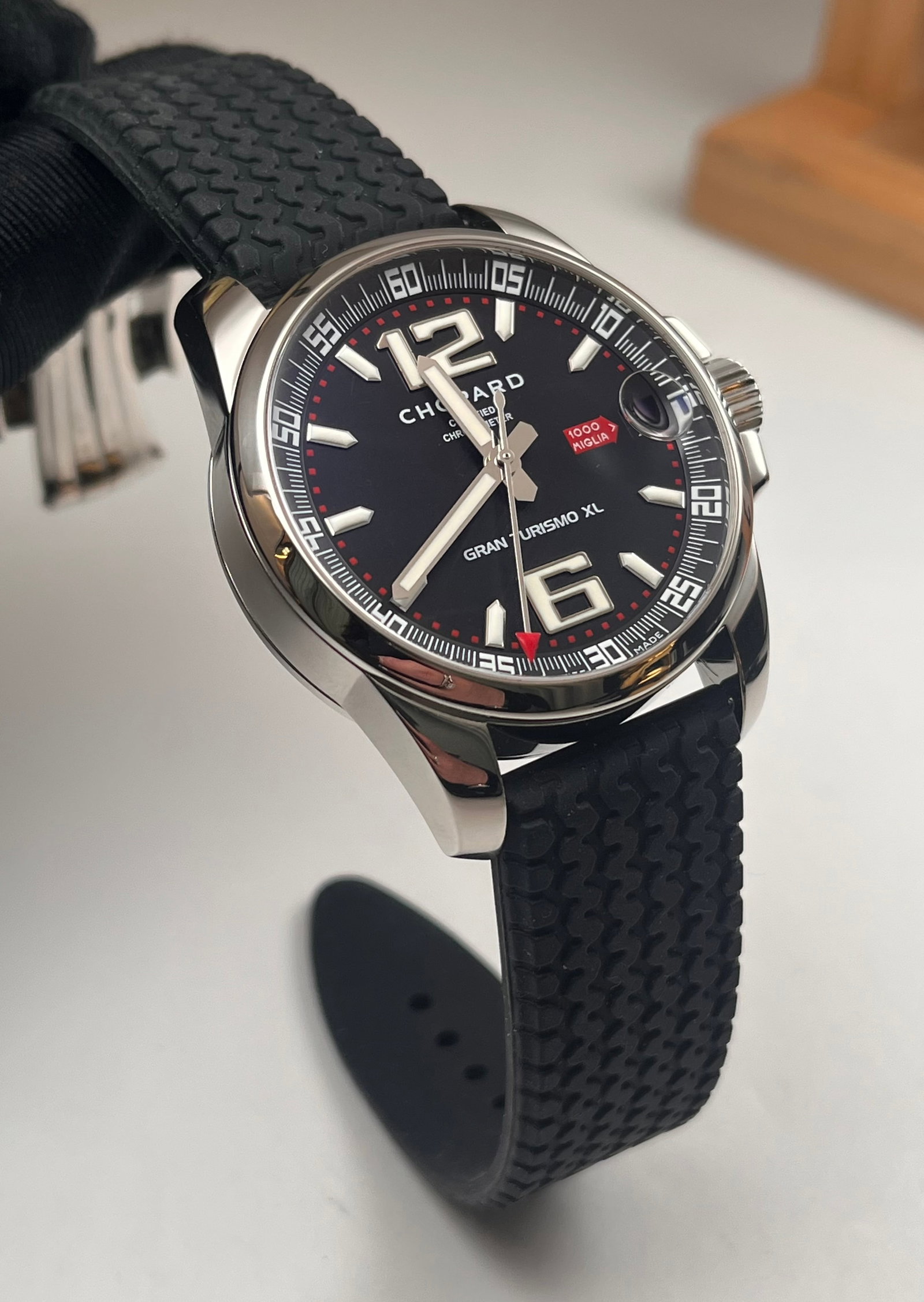 CHOPARD CLASSIC RACING WATCH: Chopard - Classic Racing Series 168997-3001, nominal diameter 44mm, sapphire mirror coated, classic black face with observatory movement, motorcycle tire rubber band