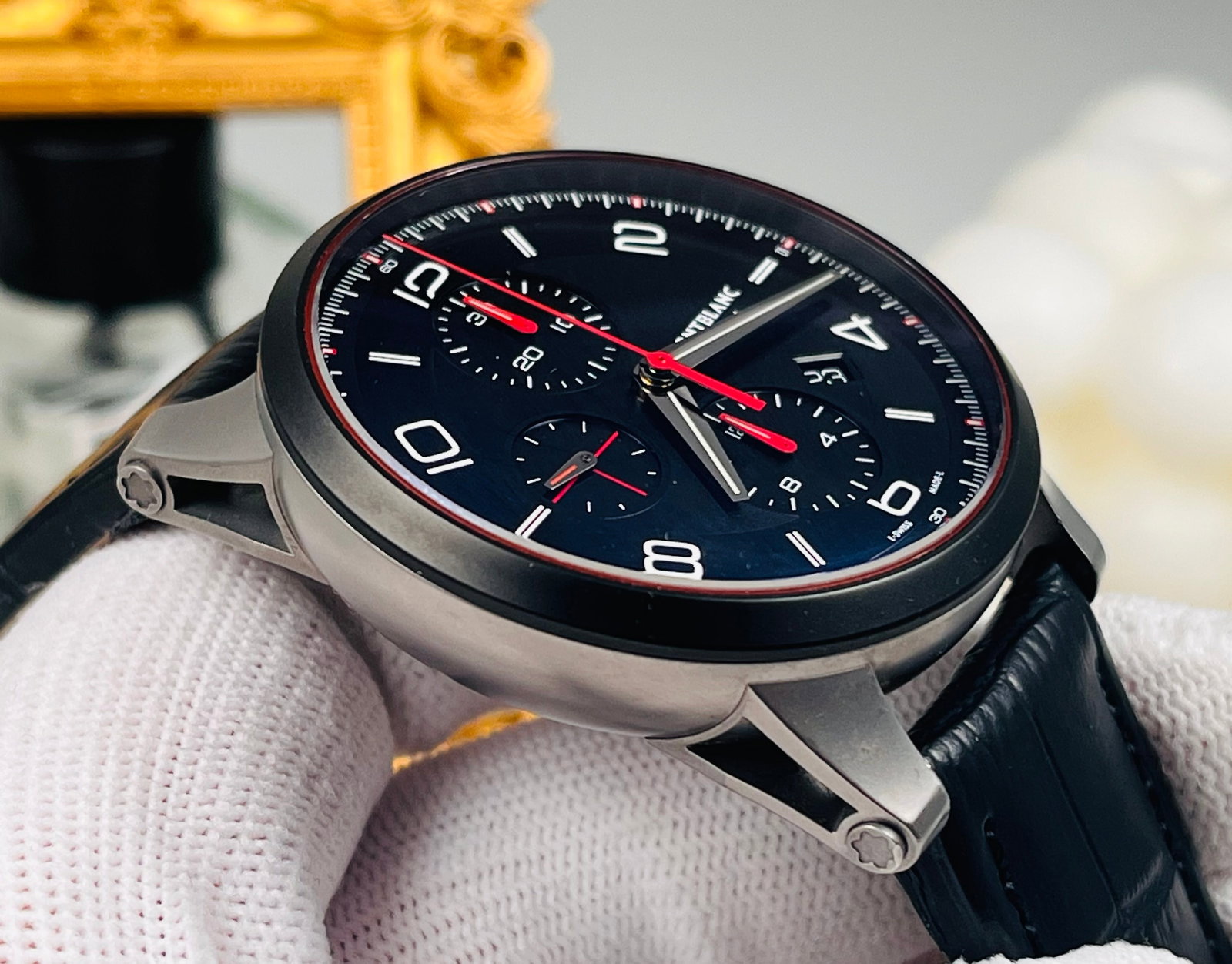 MONTBLANC. TIMEWALKER COLLECTION WATCHES: Montblanc TimeWalker U0113951, 43mm stainless steel case, automatic chronograph movement with 46-hour power reserve, black dial, red hands, chronograph and date functions, strap and clasp included
