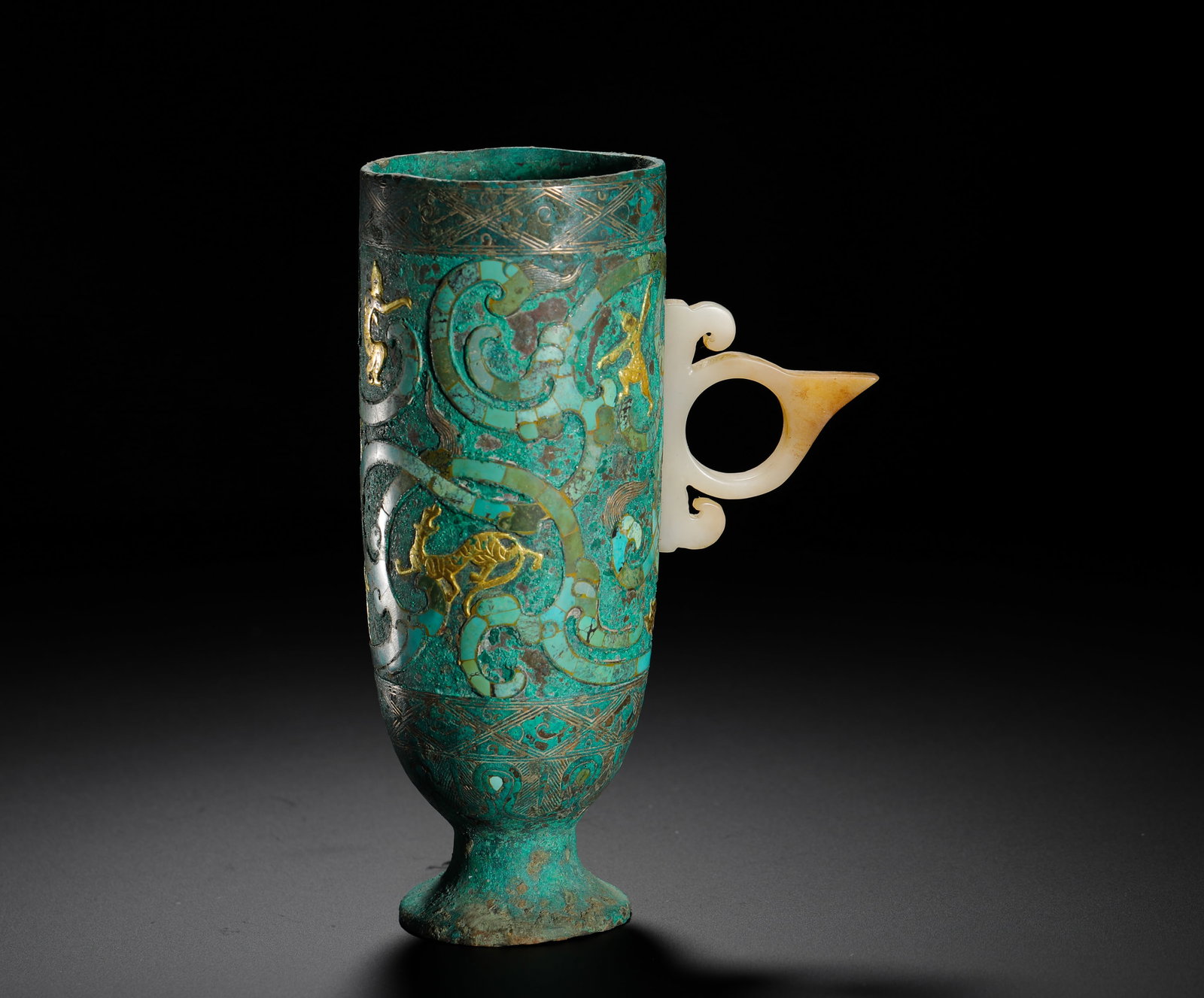 HAN DYNASTY BRONZE WITH TURQUOISE INLAID WITH GOLD WHITE JADE HANDLE HIGH FOOT ? CUP (1 of 12)