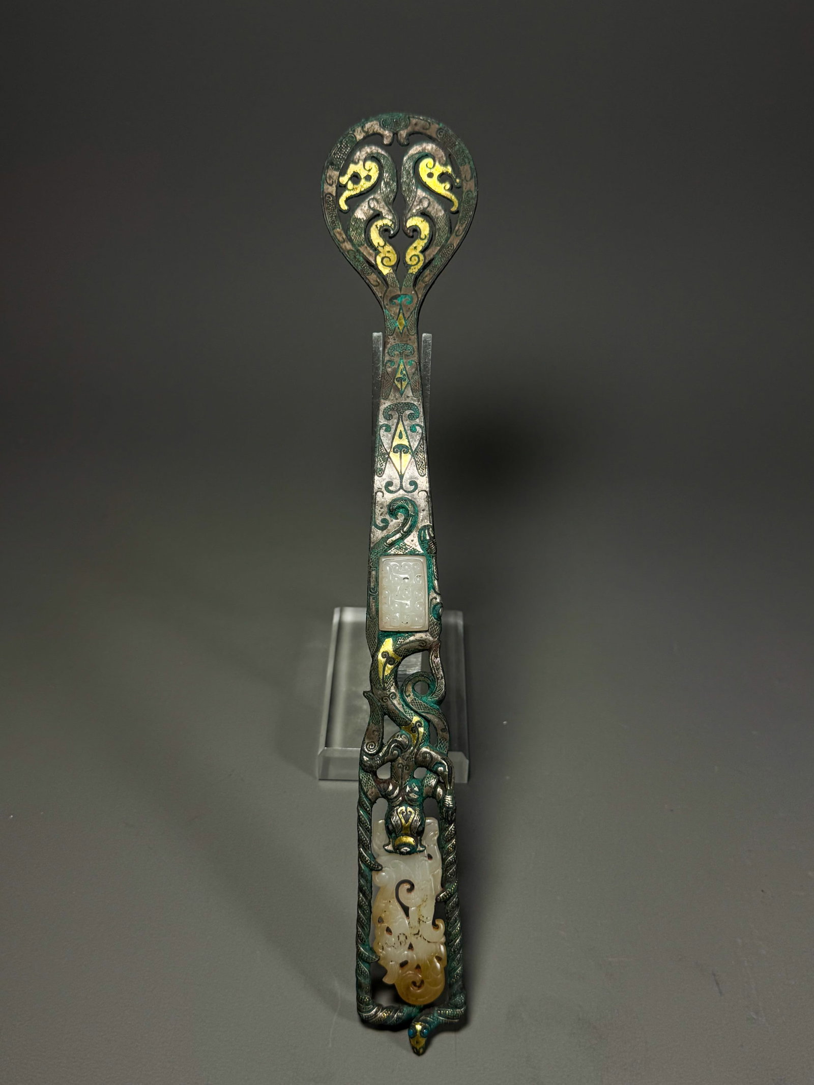BRONZE OF THE WARRING STATES PERIOD WITH INLAID GOLD AND SILVER INLAID JADE AND HOLLOWED-OUT DRAGON (1 of 8)