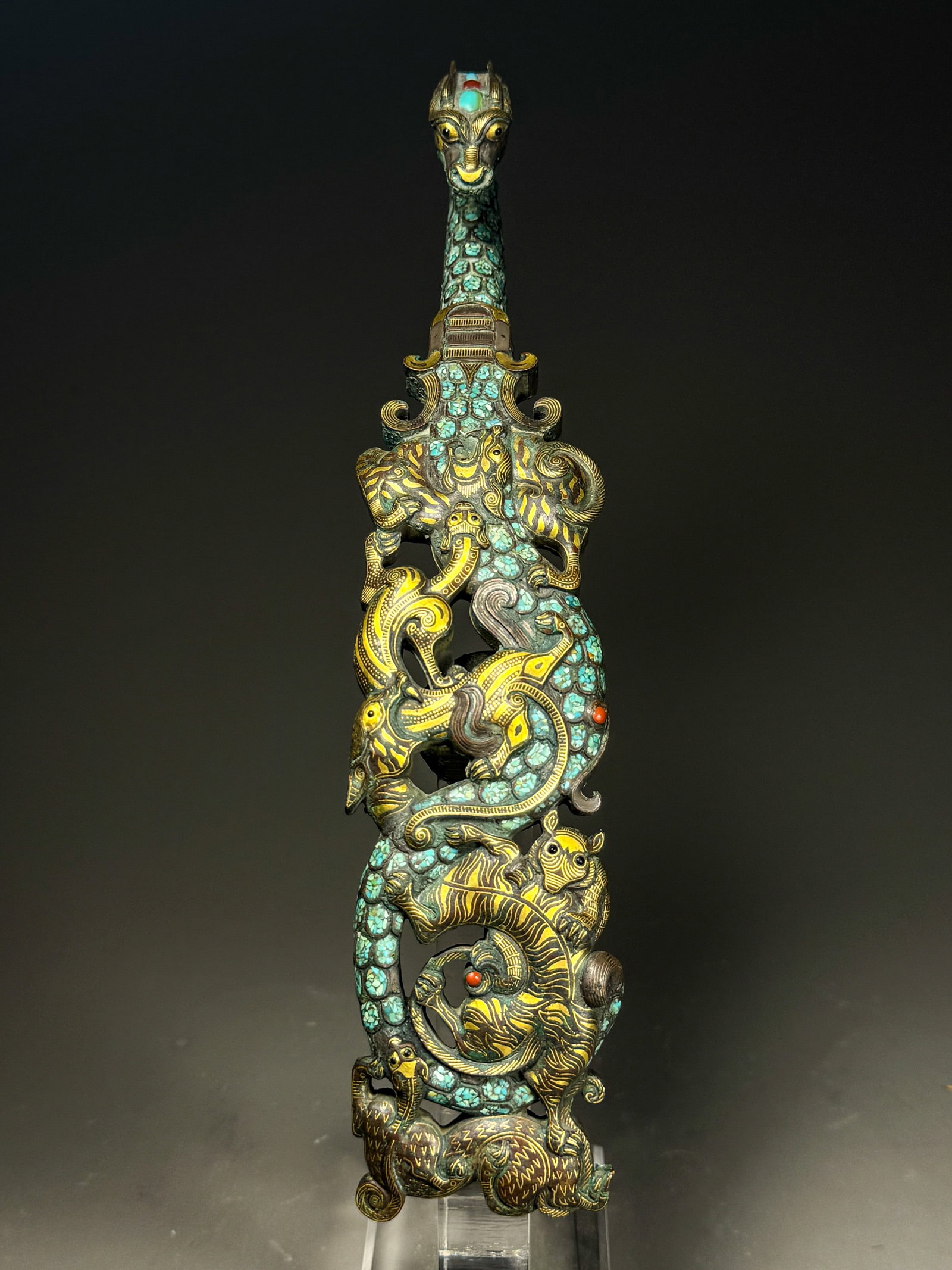 BRONZE FROM THE WARRING STATES PERIOD WITH GOLD INLAID WITH TURQUOISE AND HOLLOWED-OUT DRAGON AND (1 of 8)