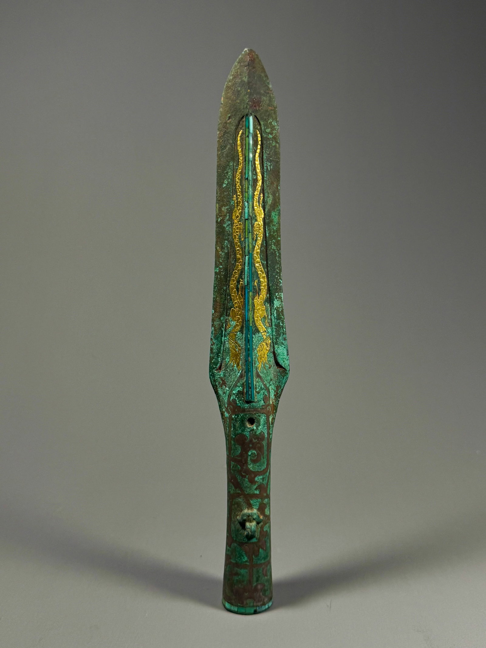 BRONZE OF THE WARRING STATES PERIOD WITH GOLD INLAID TURQUOISE AND DRAGON PATTERN SPEAR (1 of 9)