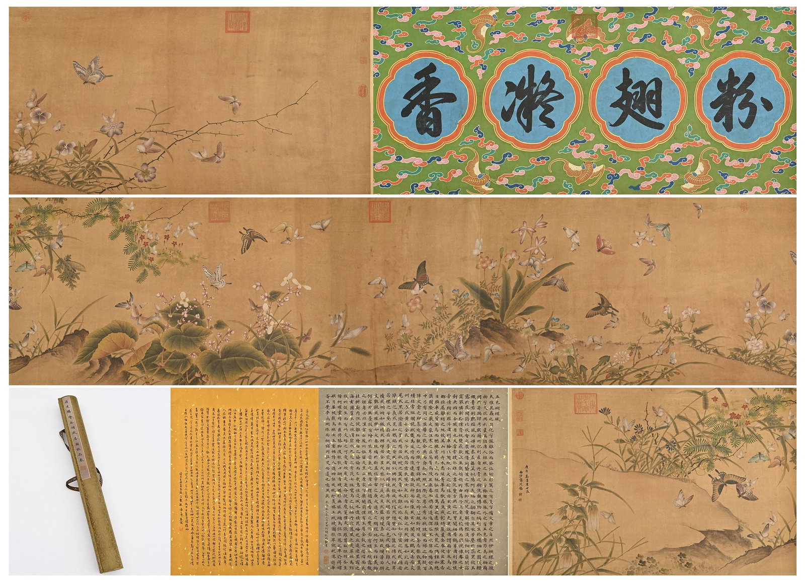 A FINE BRUSHWORK SCROLL OF FLOWERS AND BIRDS BY JIANG TINGXI (1669-1732) OF THE QING DYNASTY: Long:780cm(307.09in) Width:71cm(27.95in)Jiang Tingxi flower-and-bird handscroll Fragrance Locked by Butterfly Wings, imperial title header, delicate realistic flower and butterfly painting, ancient Qi