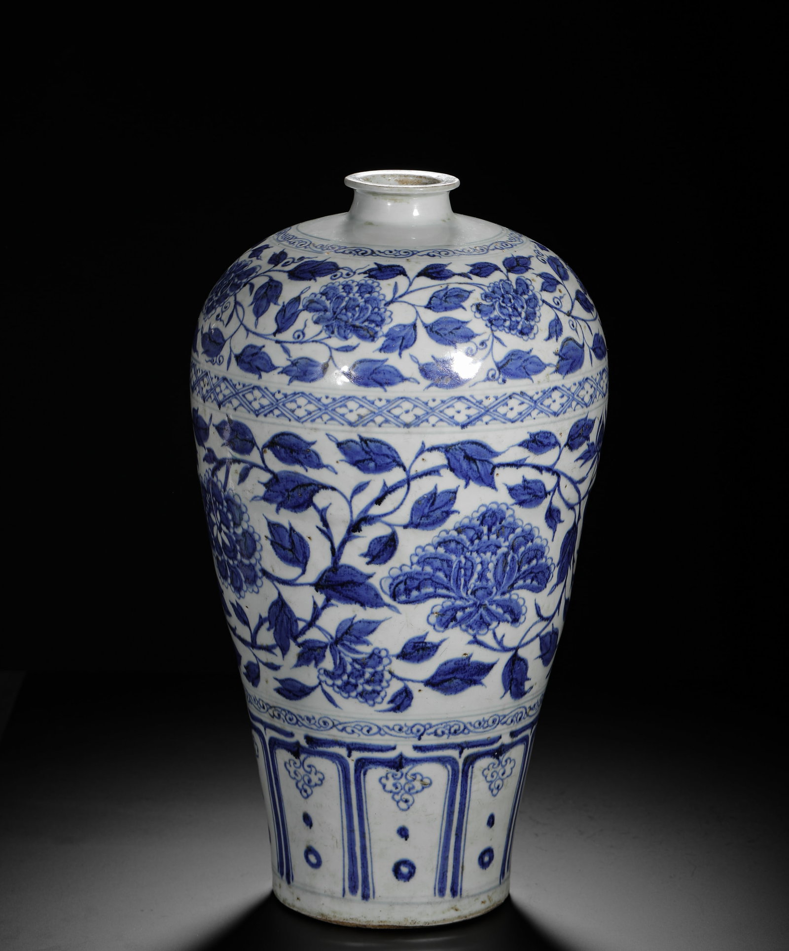 EARLY YUAN/MING DYNASTY BLUE AND WHITE PLUM VASE WITH ENTWINED PEONY PATTERNS (1 of 11)