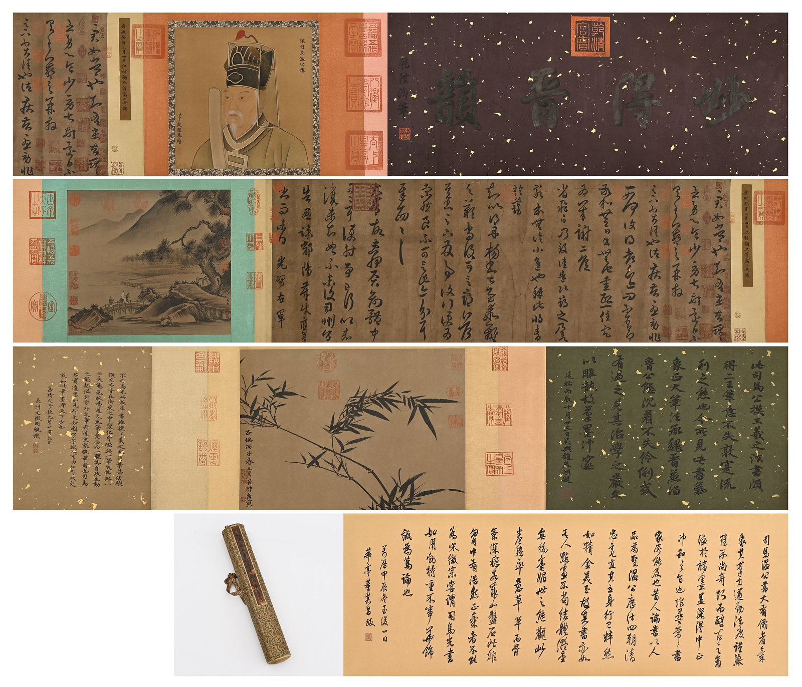 WANG XIZHI (303-361) OF THE JIN DYNASTY, A LONG SCROLL IN RUNNING SCRIPT: Long:600cm(236.22in) Width:39cm(15.35in)Handscroll of Sun Er Tie running script letter by Wang Xizhi of Jin Dynasty, imperial title header, figure and landscape inserts, ancient calligraphy colophons,