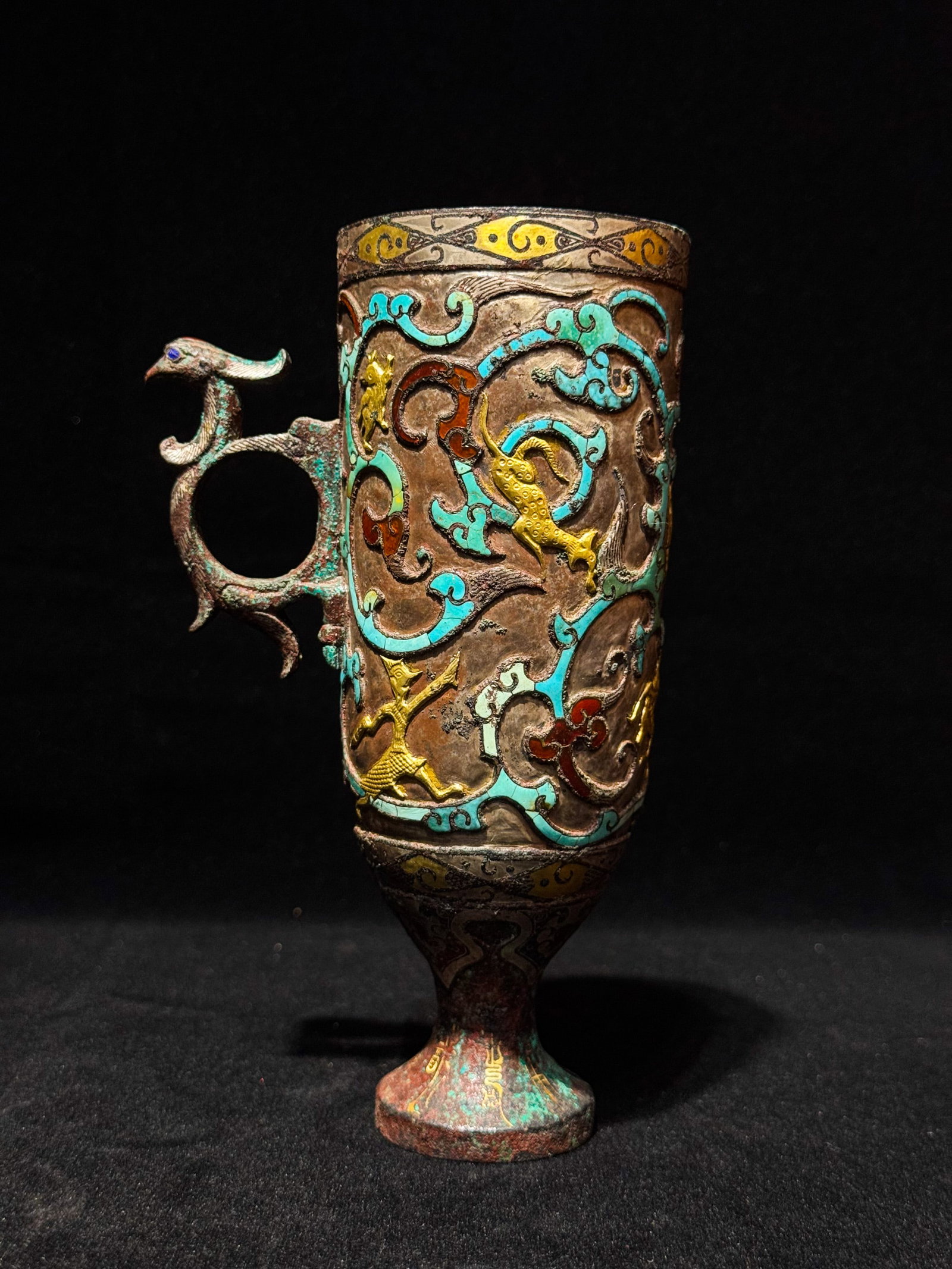 BRONZE INLAID WITH GOLD AND SILVER INLAID WITH TURQUOISE PHOENIXES WITH EARS AND HIGH FEET ? (1 of 9)