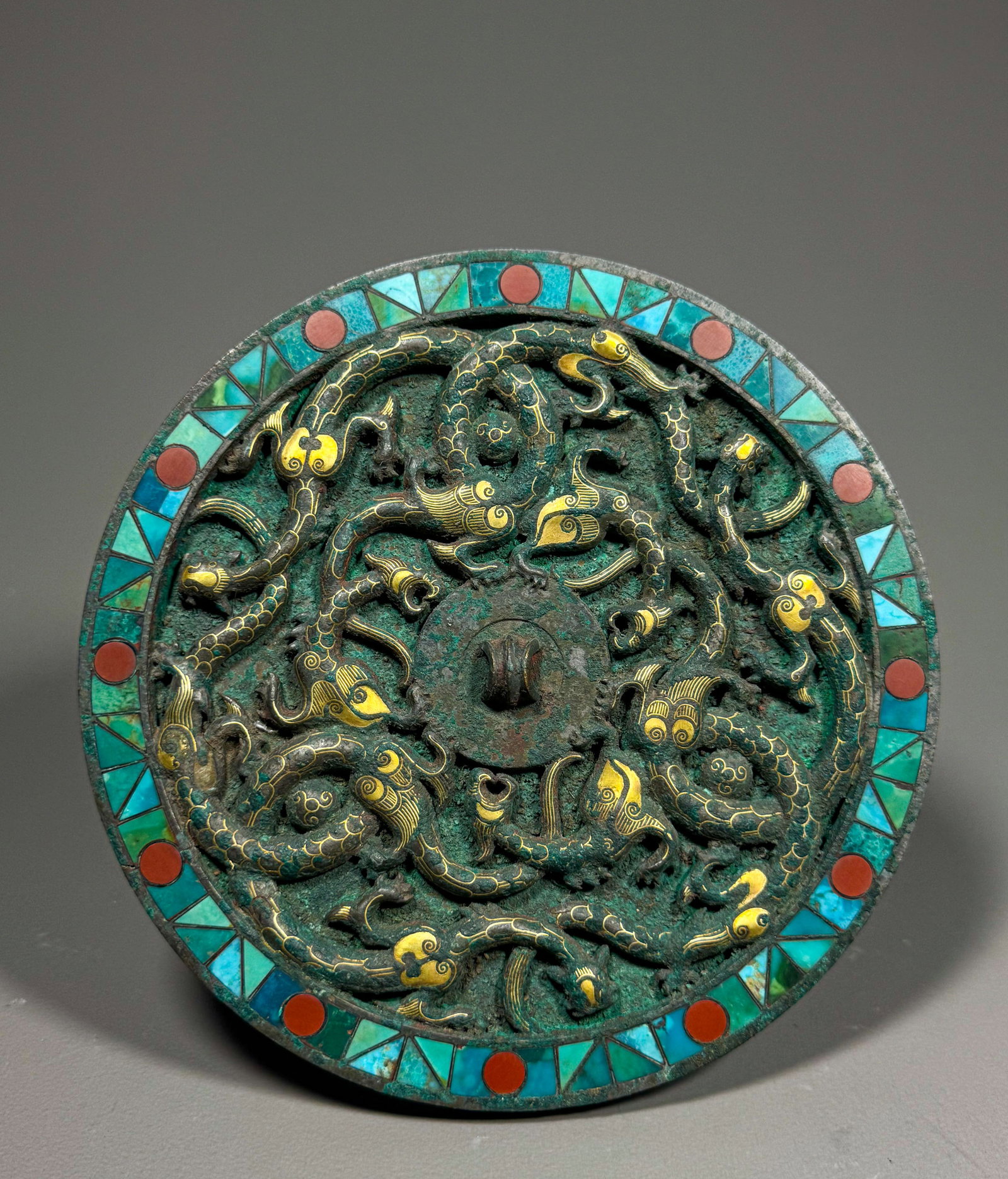 BRONZE MIRROR WITH GOLD INLAID TURQUOISE AND RED AGATE WITH DRAGON PATTERN FROM THE WARRING STATES (1 of 7)