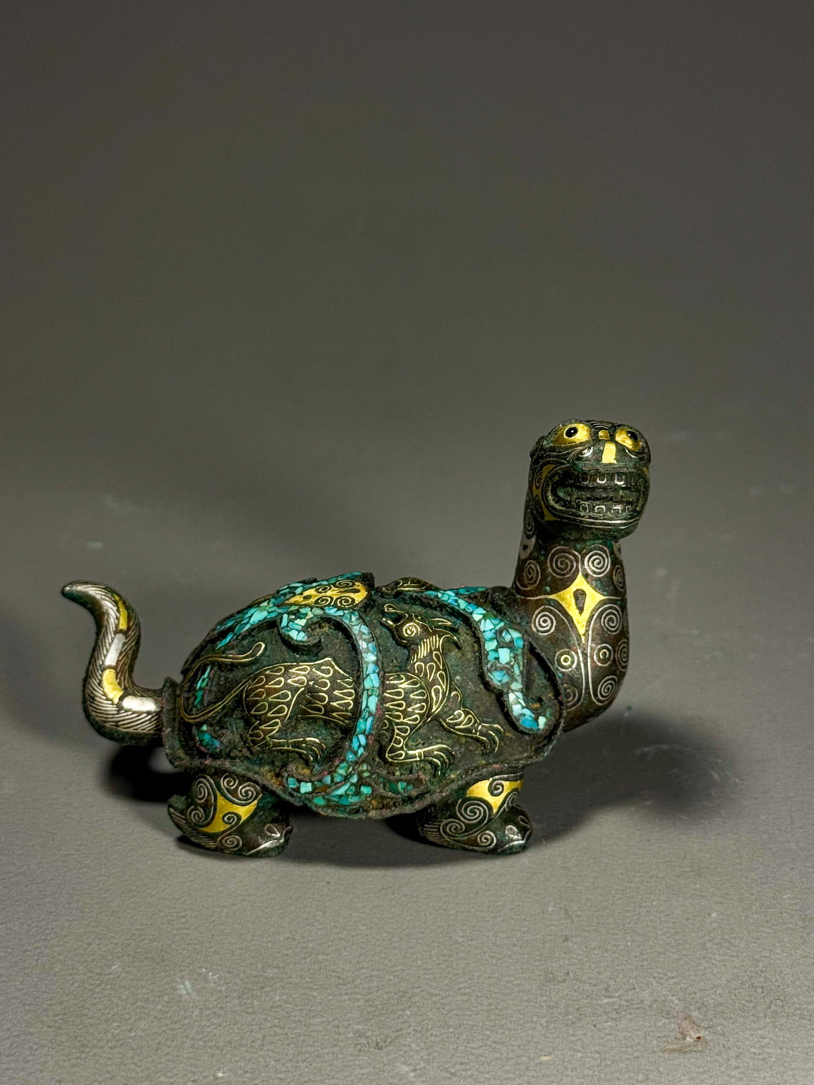 BRONZE INLAID WITH GOLD AND SILVER INLAID WITH TURQUOISE AND BLACK TORTOISE ORNAMENTS FROM THE (1 of 6)