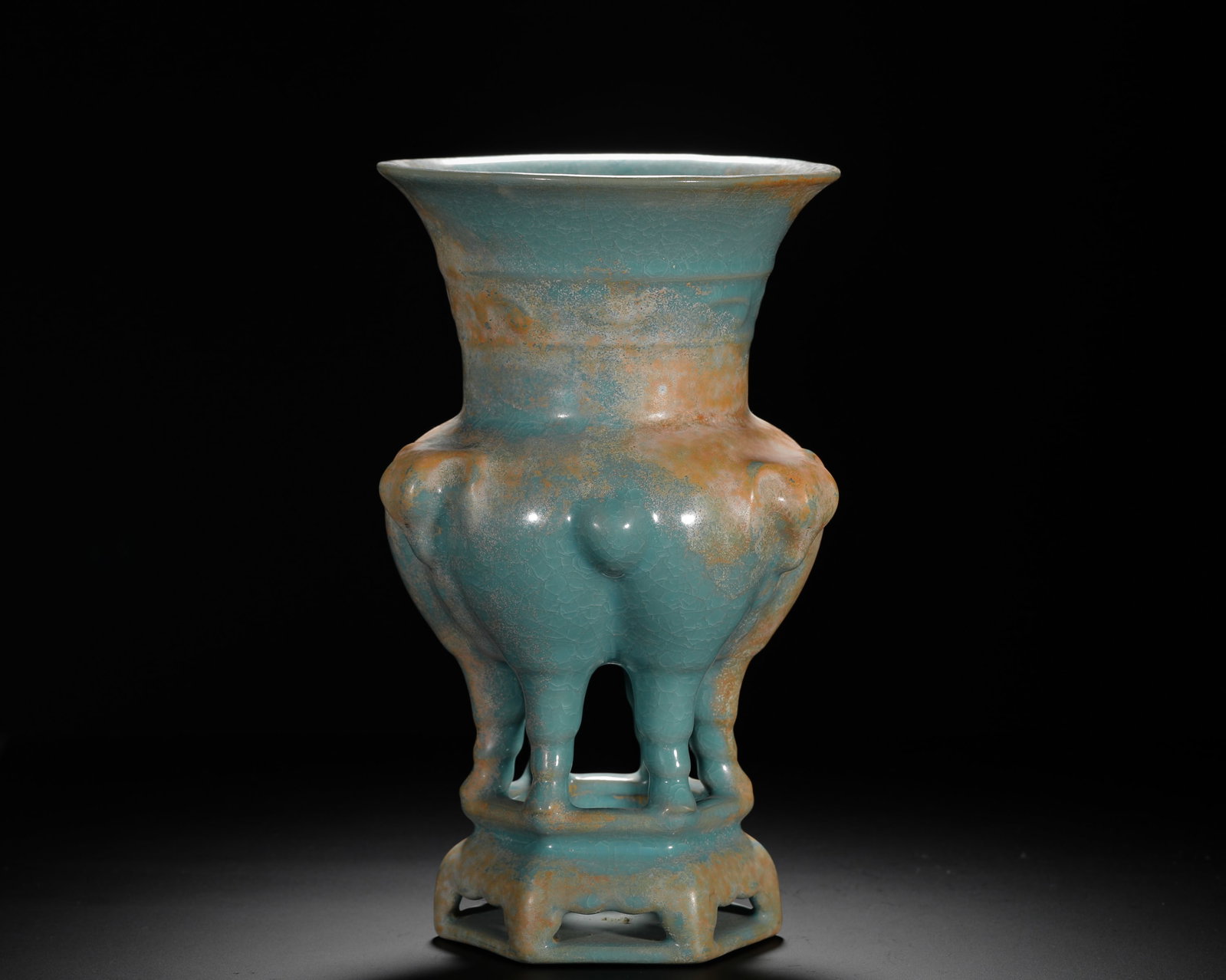 THREE SHEEP VASE WITH SKY BLUE GLAZE FROM RU KILN OF THE SONG DYNASTY: H:27cm (10.63in) D:18cm (7.09in) Weight:1590g (3.51lb)This is a Song/Yuan Dynasty Ru-style porcelain vessel modeled after a Shang/Zhou bronze ritual object, a classic example of ceramics used for wors